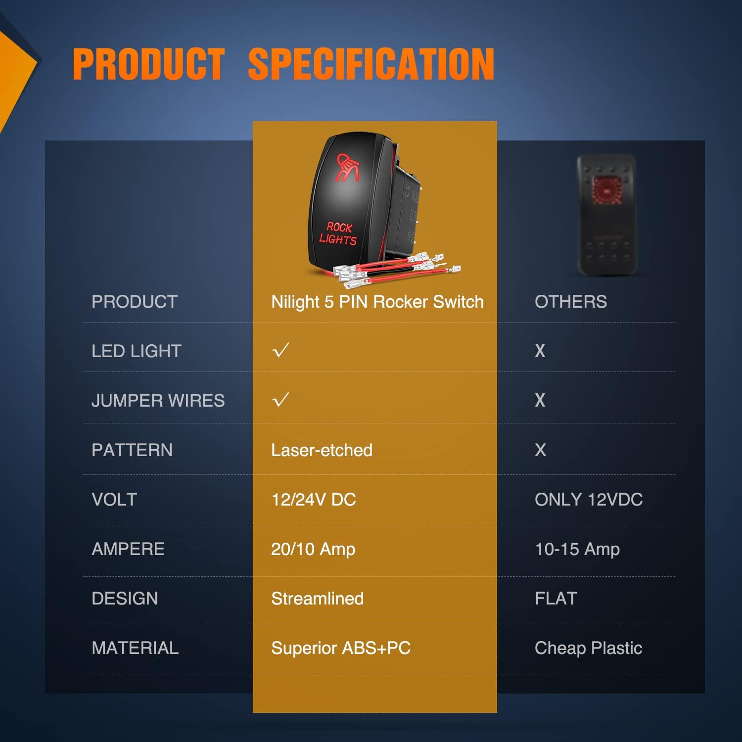 imageNilight Rock Lights Rocker Switch Led Light Bar 5Pin Laser On Off SPST switches 20A12V 10A24V Switches Red with Jumper Wires Set for Cars Trucks RVsRed
