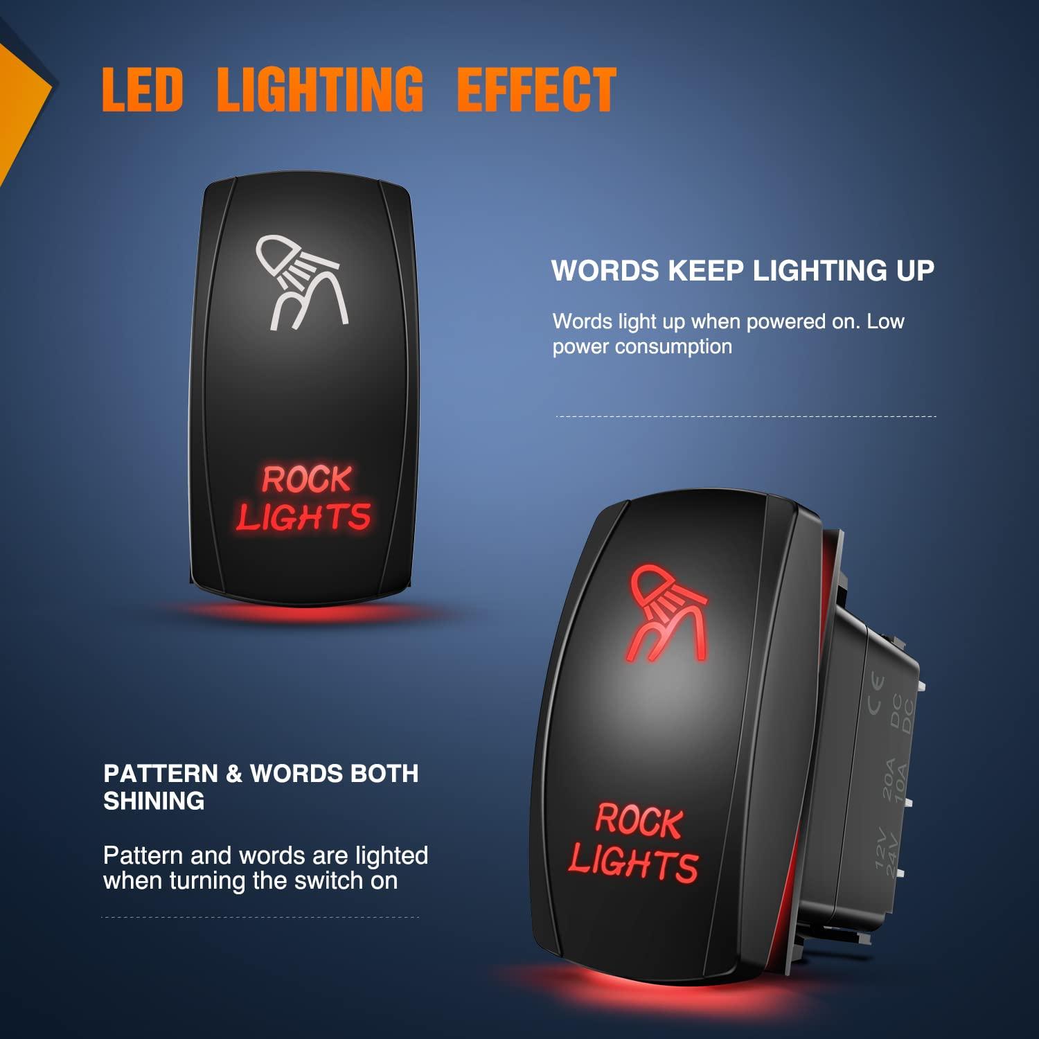 imageNilight Rock Lights Rocker Switch Led Light Bar 5Pin Laser On Off SPST switches 20A12V 10A24V Switches Red with Jumper Wires Set for Cars Trucks RVsRed