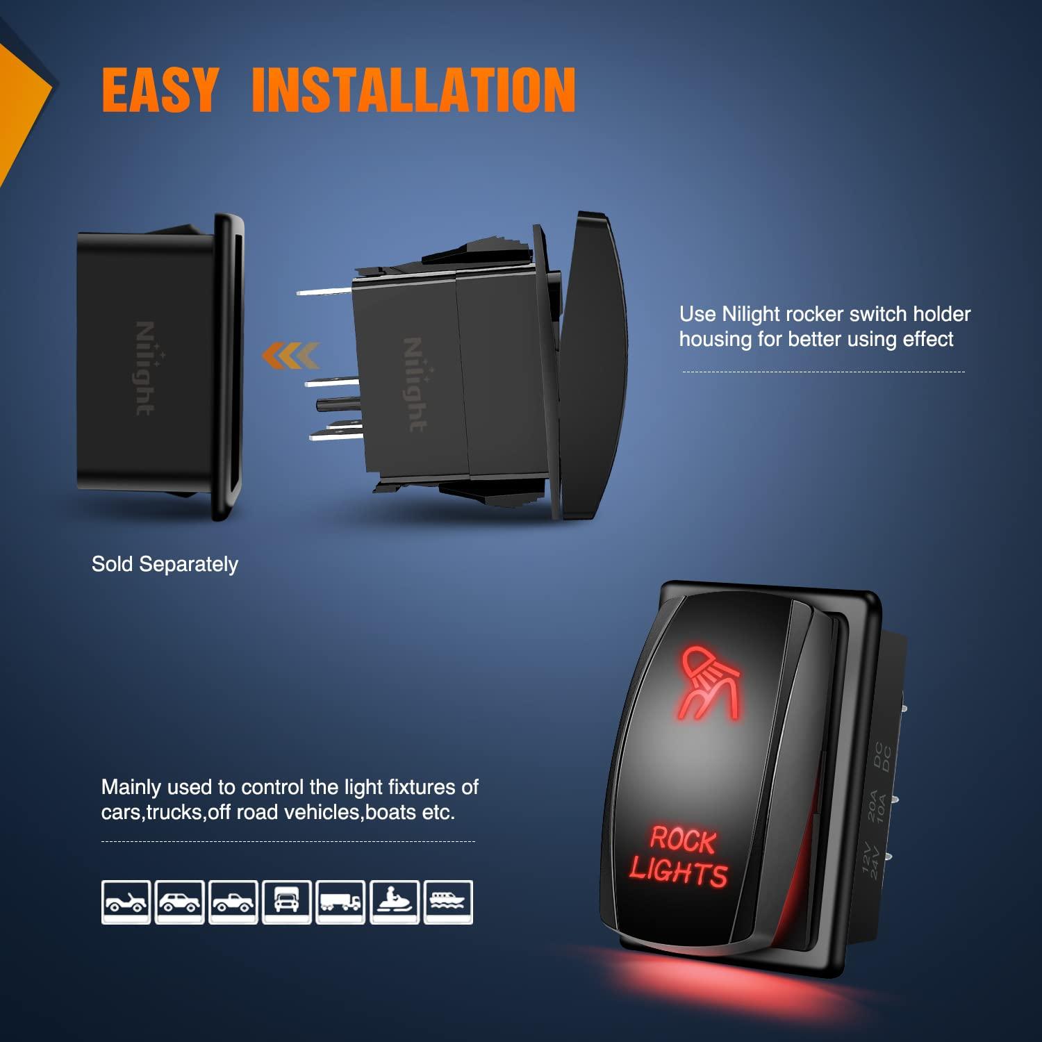 imageNilight Rock Lights Rocker Switch Led Light Bar 5Pin Laser On Off SPST switches 20A12V 10A24V Switches Red with Jumper Wires Set for Cars Trucks RVsRed