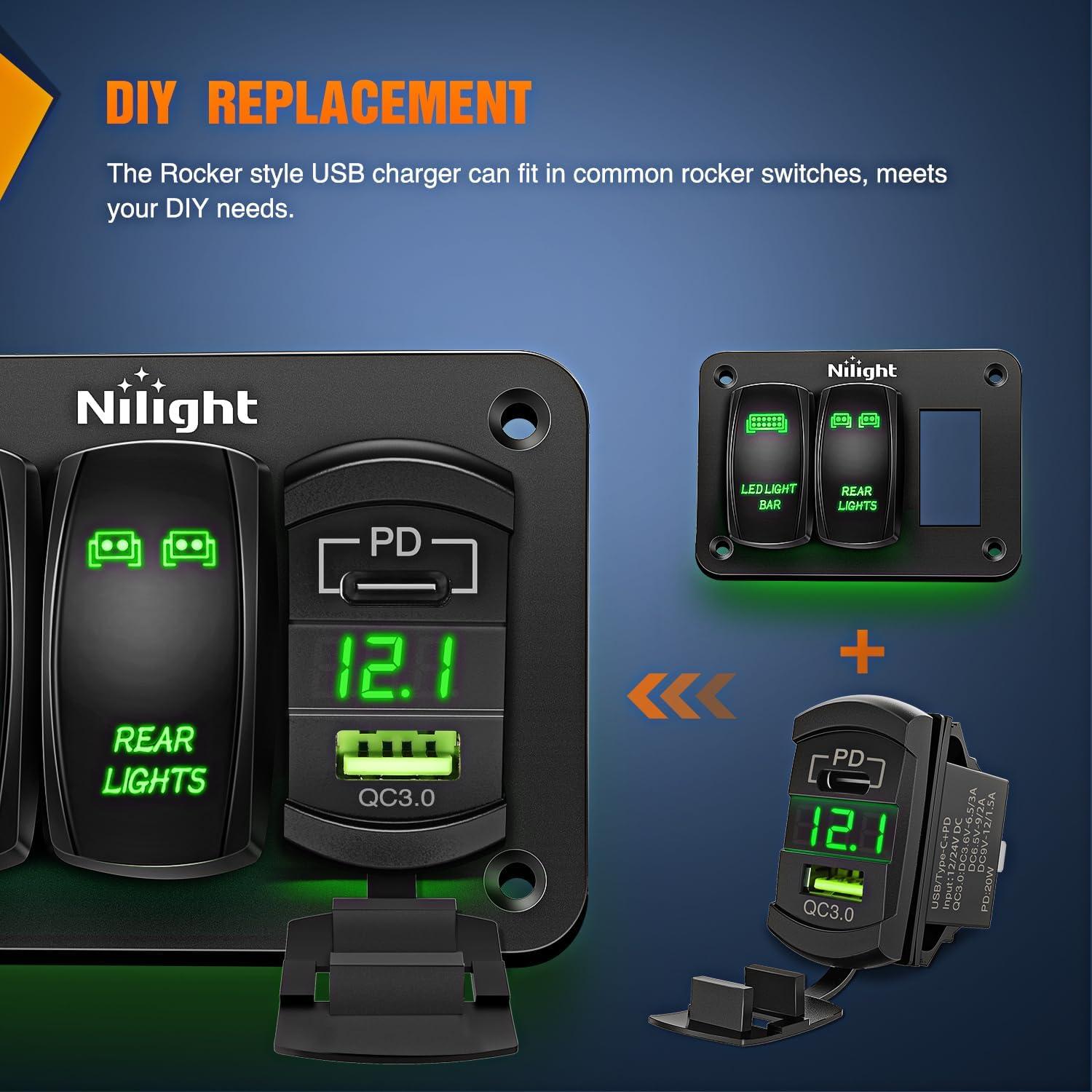 imageNilight Rocker Switch Style USB Outlet LED Voltmeter Quick Connector 12V PD Type C and USB QC 30 Cars Replacement with Inline Fuse for Switches Panel on Boats RV Truck CarType C  USB Voltmeter Green
