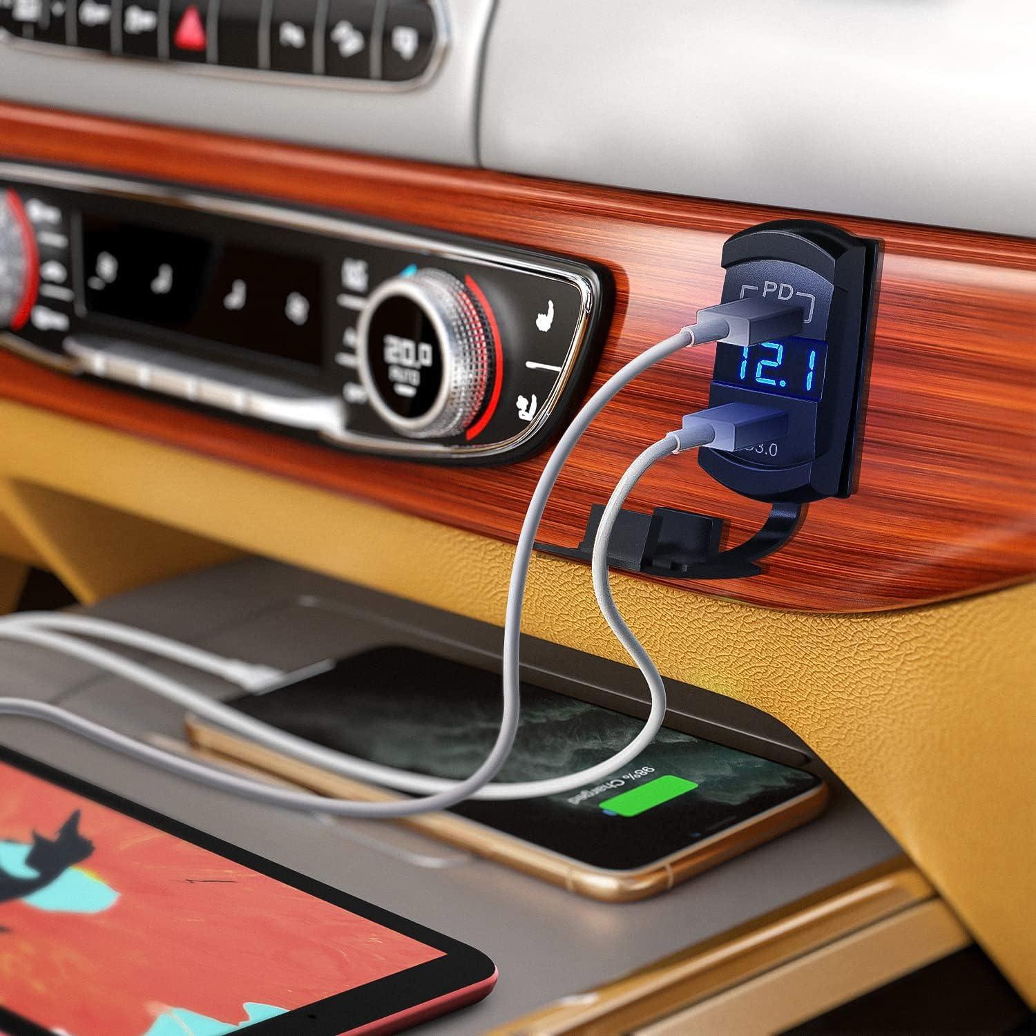 imageNilight Rocker Switch Style USB Outlet LED Voltmeter Quick Connector 12V PD Type C and USB QC 30 Cars Replacement with Inline Fuse for Switches Panel on Boats RV Truck CarType C  USB Voltmeter Blue