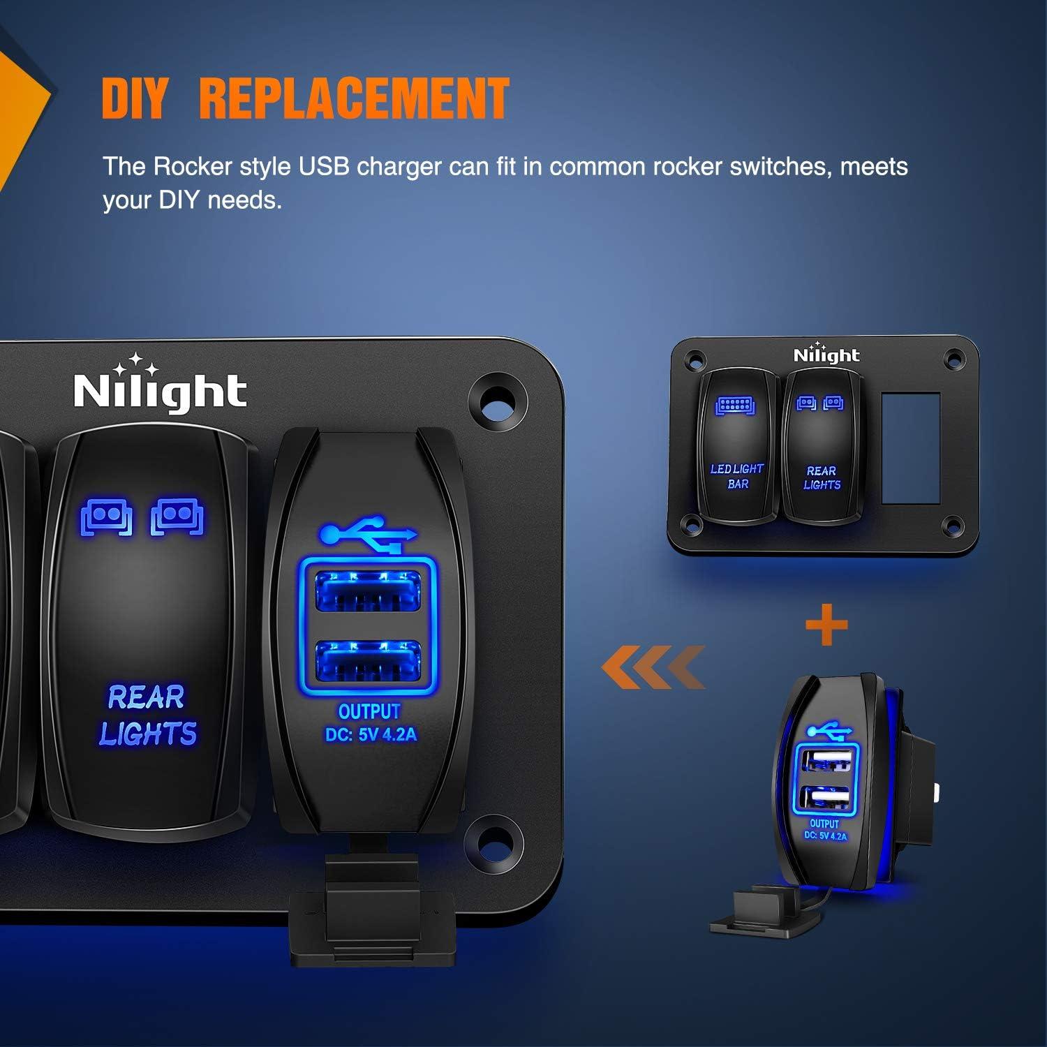 imageNilight Rocker Switch Style USB Outlet Socket Fits Panel 42A PD Type C and QC 30 12V 24V Fast Socket Dual Outlets Port for Cars Boats Trucks RVsDual USB