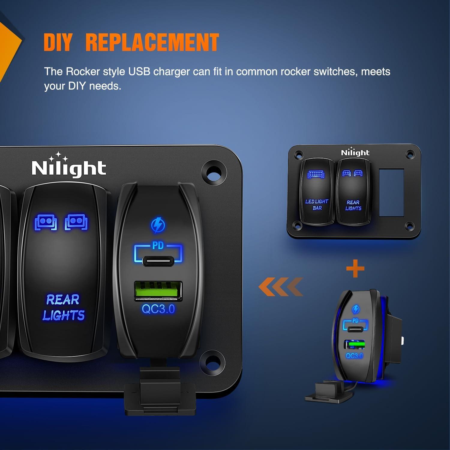 imageNilight Rocker Switch Style USB Outlet Socket Fits Panel 42A PD Type C and QC 30 12V 24V Fast Socket Dual Outlets Port for Cars Boats Trucks RVsType C  USB