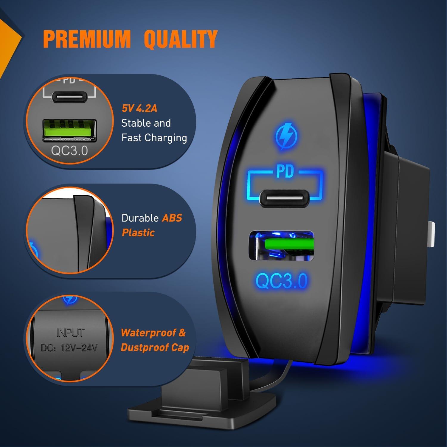 imageNilight Rocker Switch Style USB Outlet Socket Fits Panel 42A PD Type C and QC 30 12V 24V Fast Socket Dual Outlets Port for Cars Boats Trucks RVsType C  USB