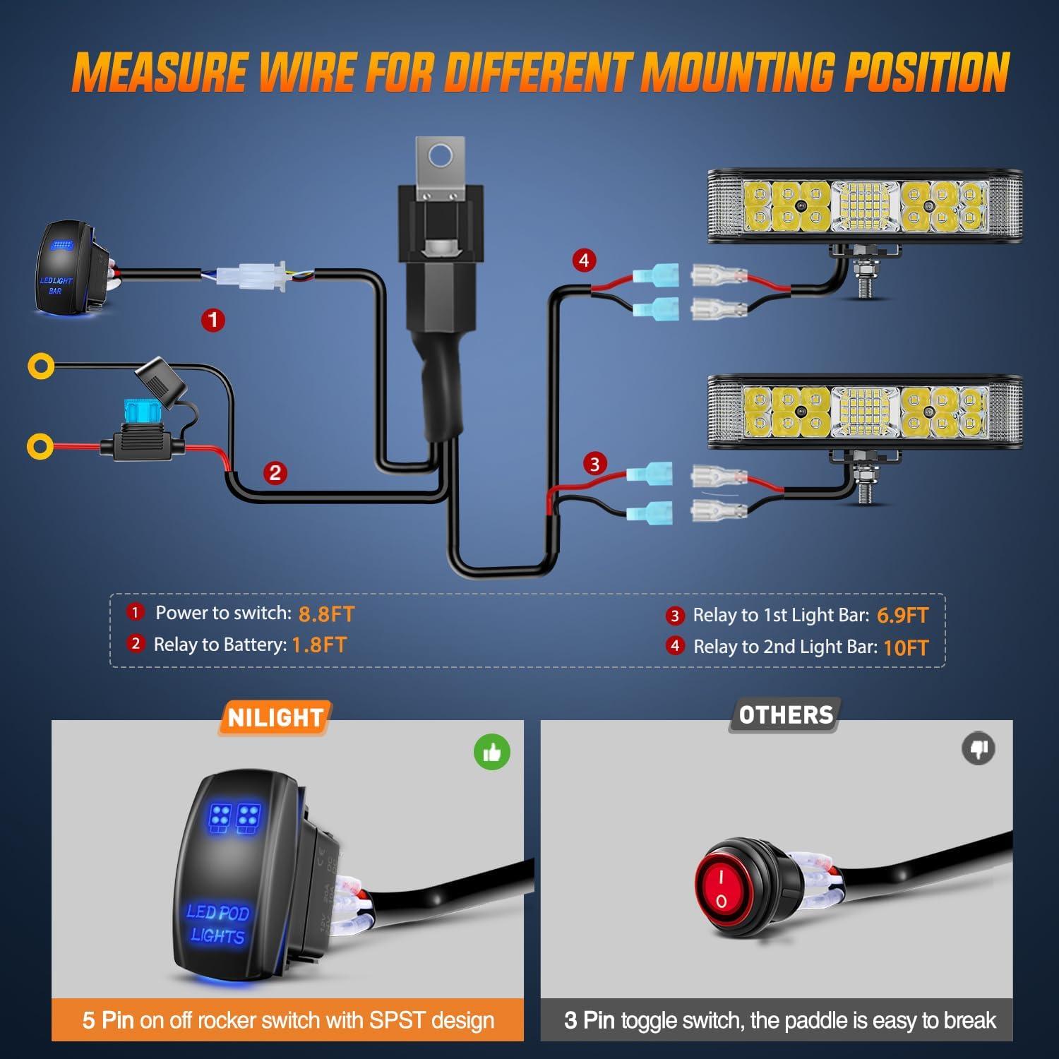 imageNilight Side Shooter LED Light Bar 2PCS 65 Inch 60W Flood Spot Beam Combo Fog Driving Pods 16AWG 5Pin Rocker Switch Wiring Harness Kit for Truck ATV UTV Boat60W Side Shooter Light  Wiring Harness