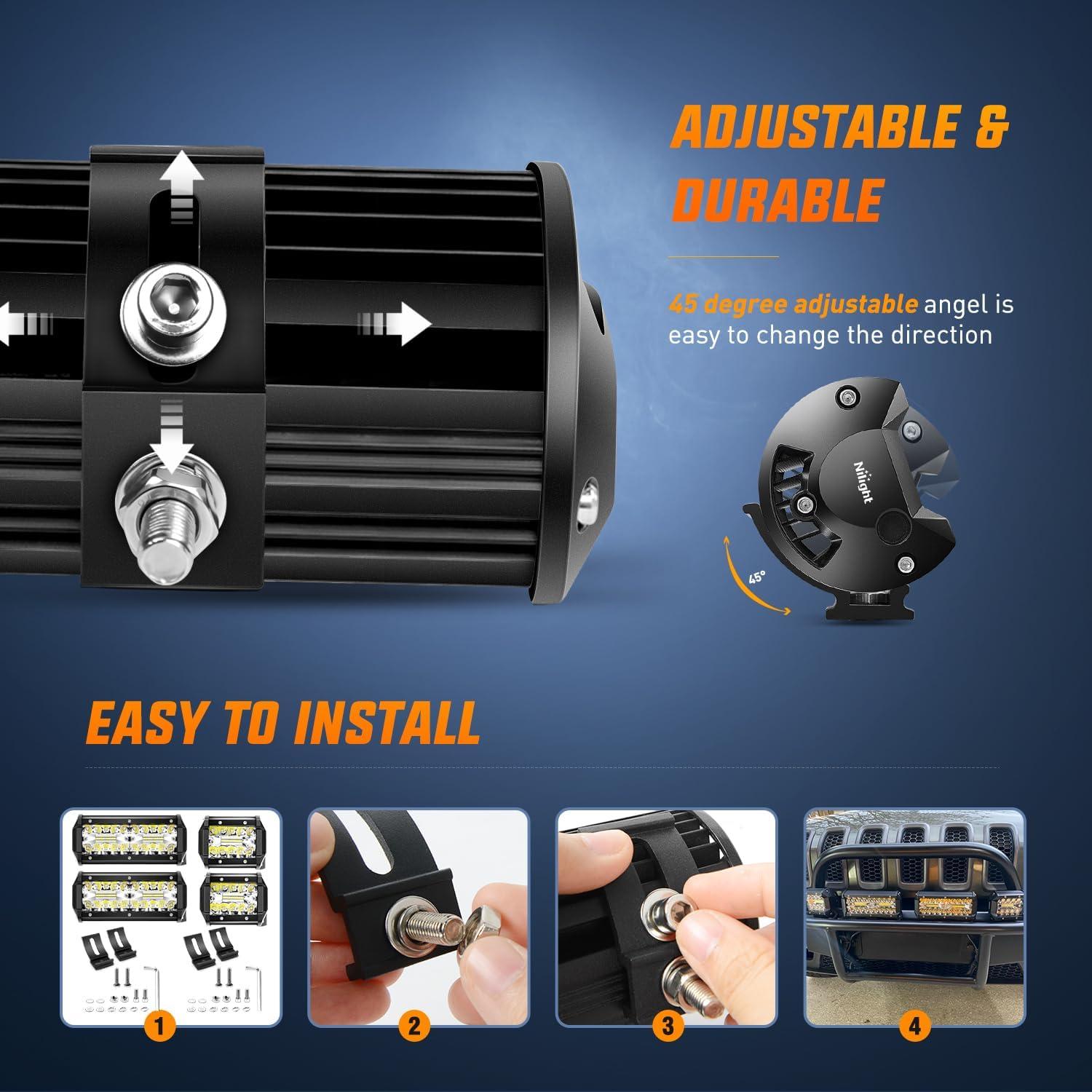 imageNilight Side Shooter LED Light Bar 2PCS 7 Inch Triple Row Spot Flood Combo Yellow Beam Pods with 5Pin Rocker Switch Wiring Harness Kit for Off Road Lighting on Truck SUV ATV UTVWhite 4Pcs Pods  Wiring