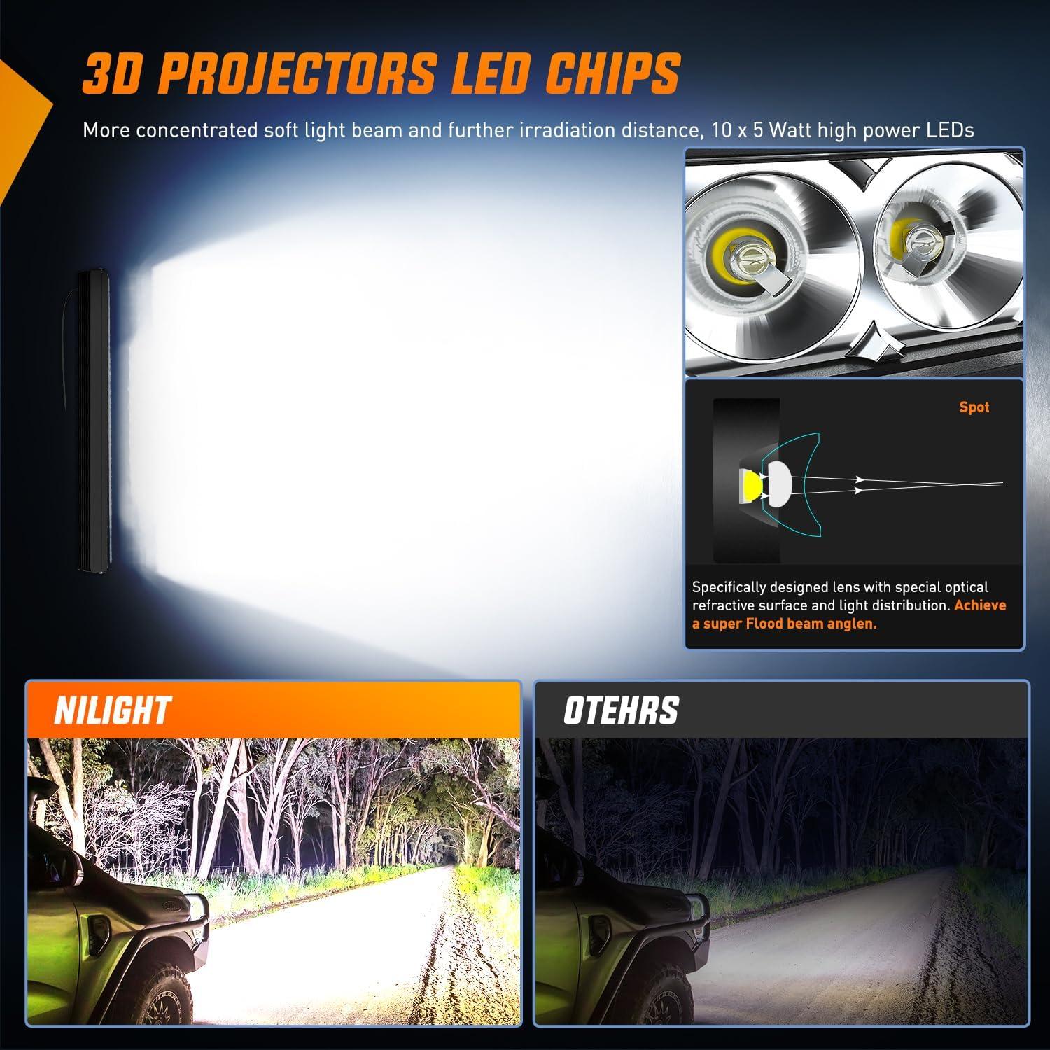 imageNilight Slim LED Light Bar 2PCS 11 Inch 26LED Single Row Spot Flood Combo Fog Driving Work Lighting Roof Bumper Lamp Offroad for 4x4 Trucks SUV ATV UTV50W Light Wiring Harness