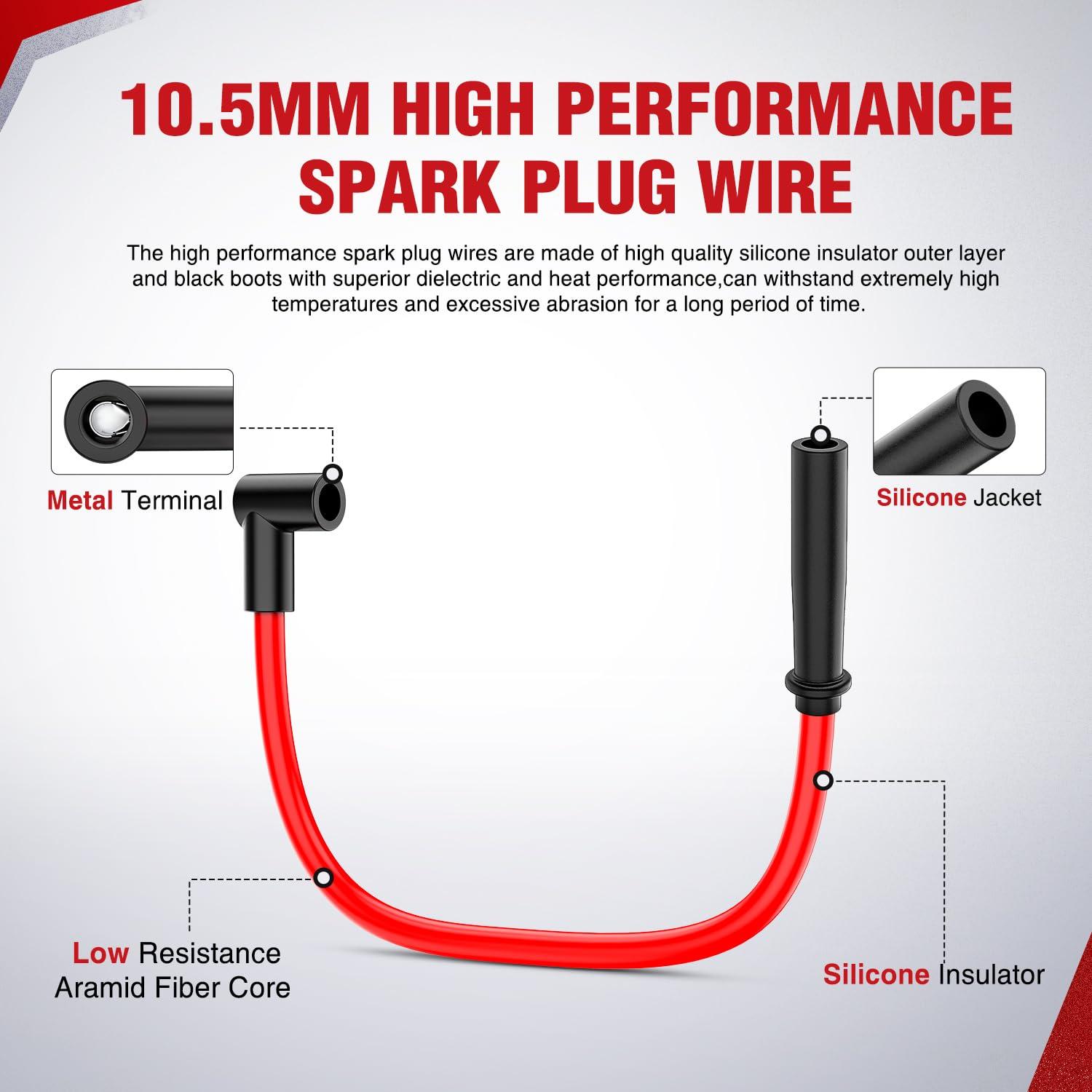 imageNilight Spark Plug Wire 105 mm Straight Boots High Performance Ignition Wire Compatible with Chevy SBC BBC 305 350 454 Electronic V8 Engine with HEI DistributorSBC BBC 305 350 454 HEI90 to Straight