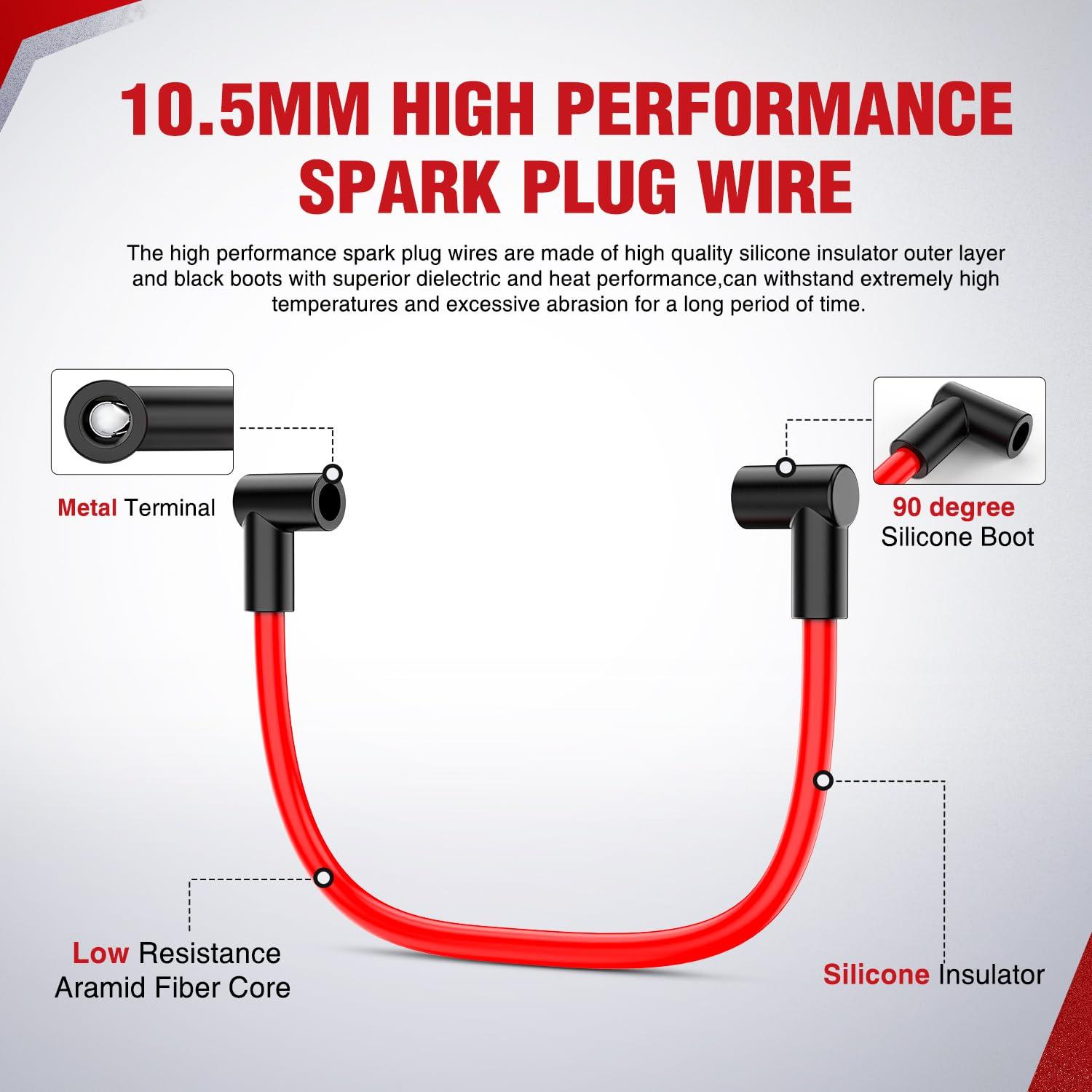 imageNilight Spark Plug Wire 105 mm Straight Boots High Performance Ignition Wire Compatible with Chevy SBC BBC 305 350 454 Electronic V8 Engine with HEI DistributorSBC BBC 305 350 454 HEI90 Degree