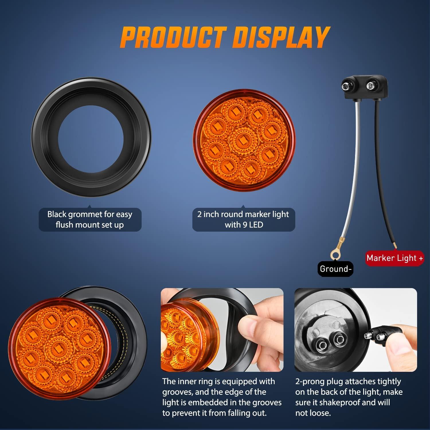 imageNilight TL03 10 PCS 34 Round Clearance LED Front Rear Side Indicator Bullet Marker Light for Truck RV Car Bus Trailer Van Caravan Boat 12V AmberAmber 2Pcs 9LED