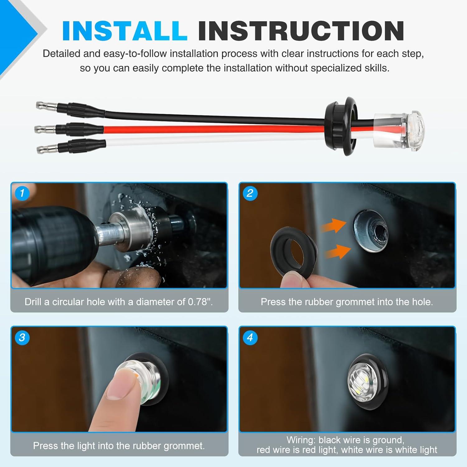 imageNilight TL03 10 PCS 34 Round Clearance LED Front Rear Side Indicator Bullet Marker Light for Truck RV Car Bus Trailer Van Caravan Boat 12V AmberRed White 10Pcs