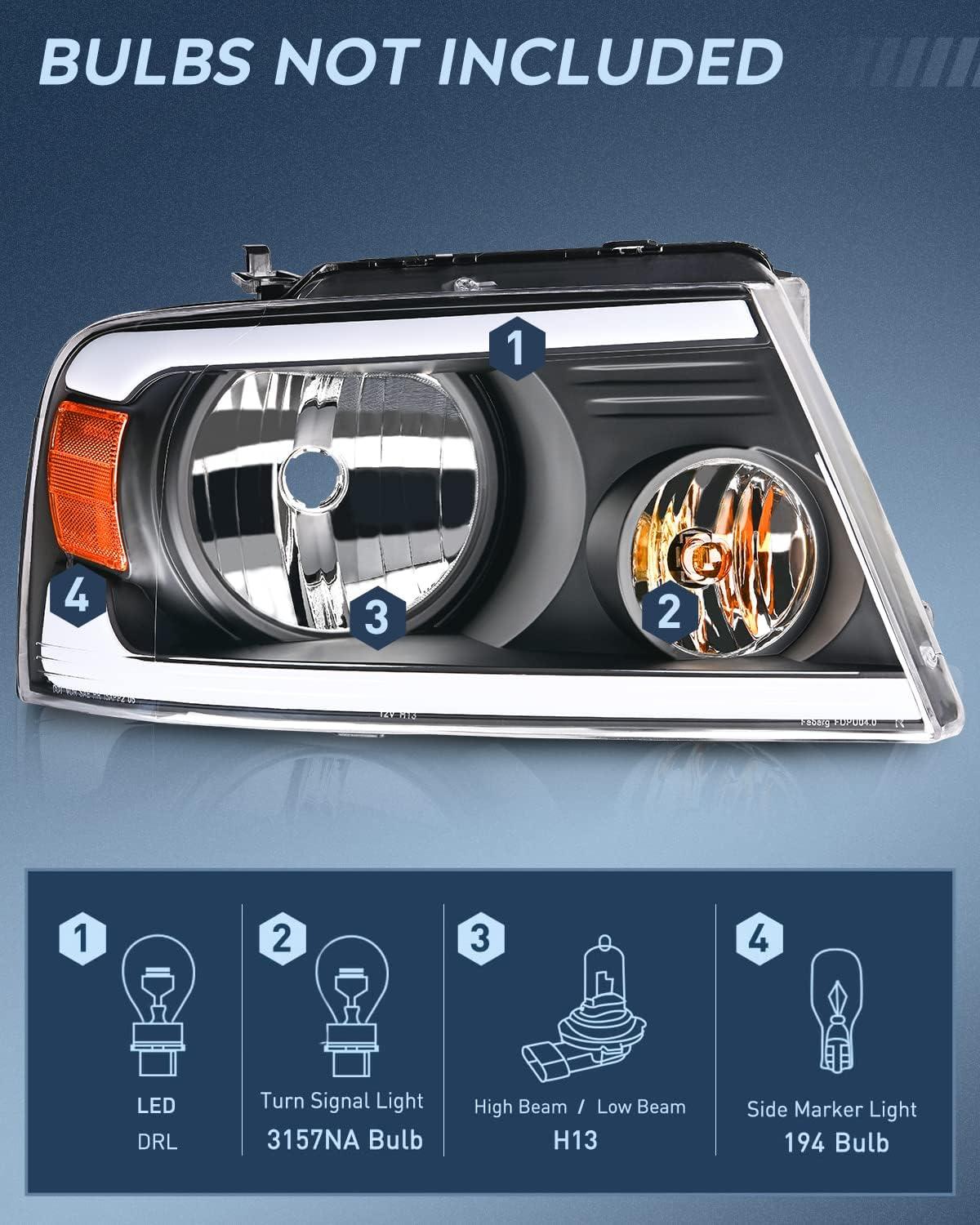 imageNilight Taillight Assembly Compatible with 2004 2005 2006 2007 2008 Ford F150 Rear Tail Light Lamp Replacement OE Style Driver Side and Passenger SideBlack Housing Amber Reflector DRL