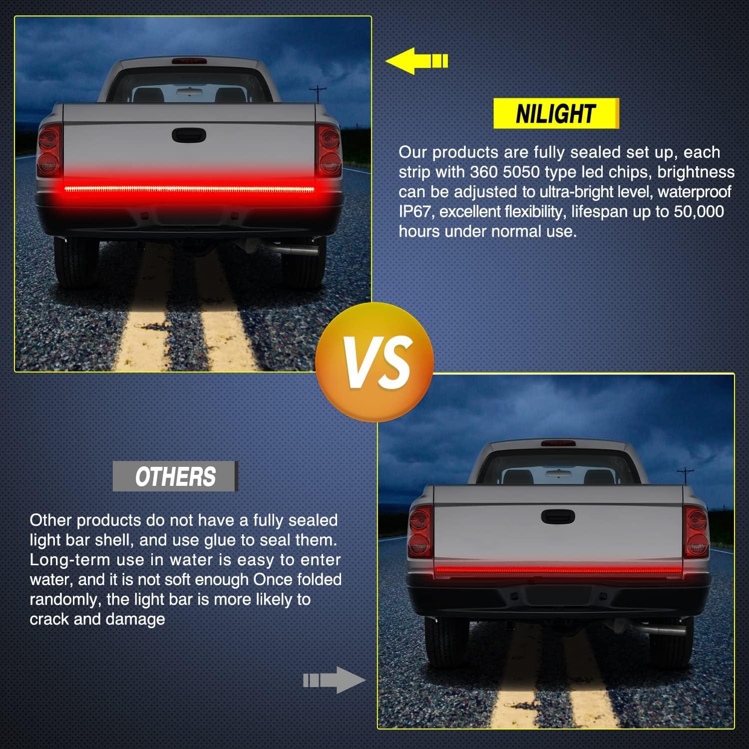 imageNilight Truck Tailgate Light Strip 48quot Aluminum Frame Triple Row 780 LED Strip with Red Running Brake Lights White Reverse Amber Sequential Turn Signals Strobe Lights2 Years Warranty60 LightBed Light StripYSplitter