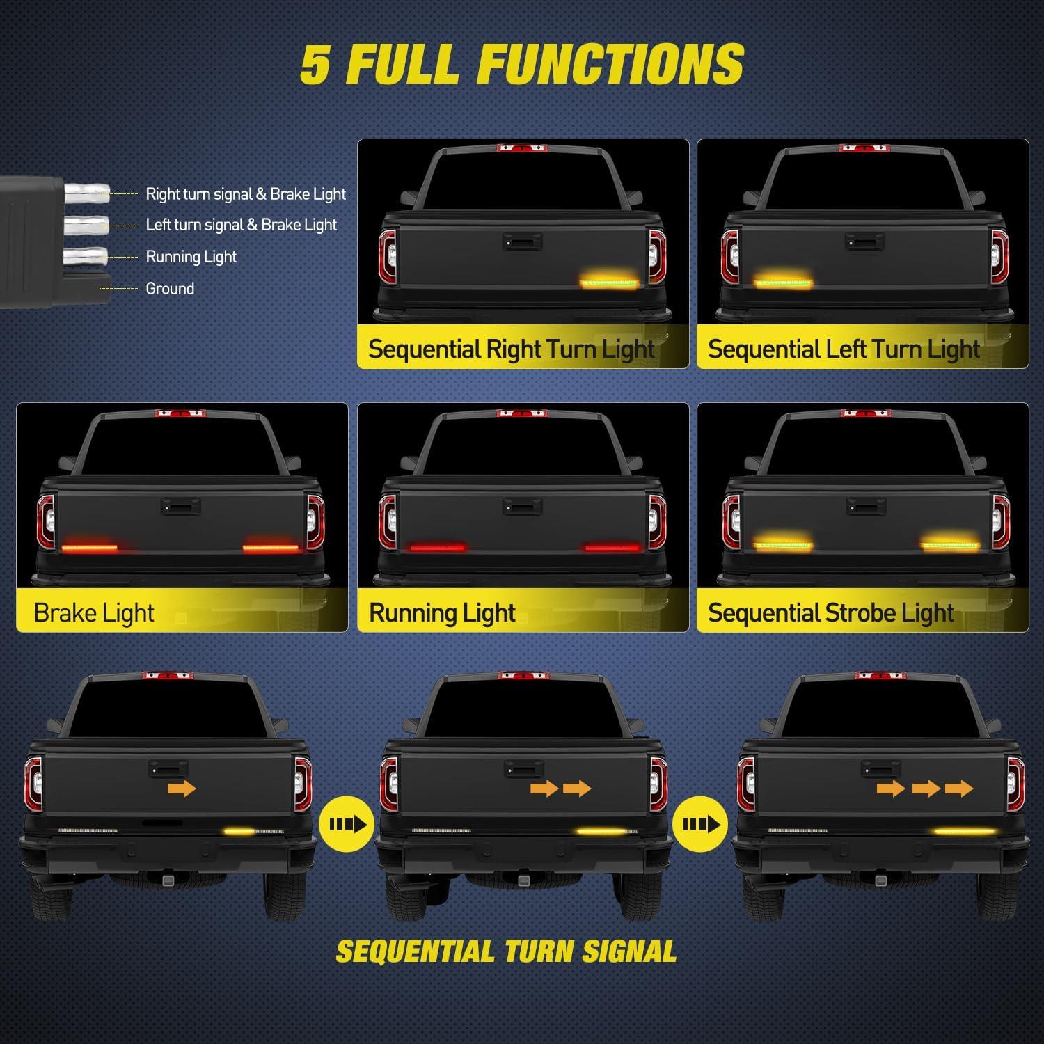 imageNilight Truck Tailgate Light Strip 7 Inch Aluminum Frame Double Row 60 LED Red Running Brake Amber Sequential Turn Signals Strobe Lights Bar for Trailer Hitch Cargo Carrier Luggage Rack