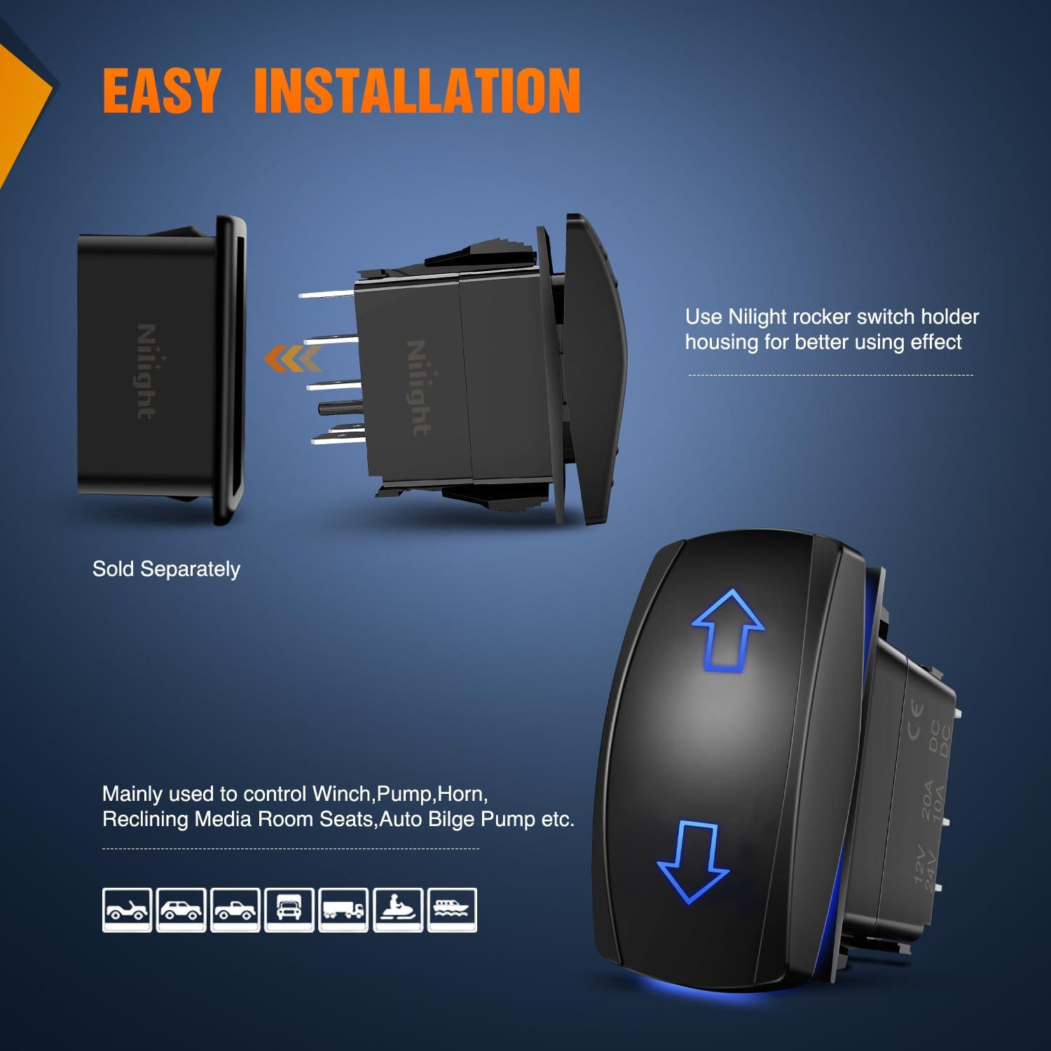 imageNilight Turn Signal Switch Blue 4Pin ONOffON Laser Etched SPDT Toggle Rocker Switches 12V 20A 24V 10A Jumper Wires for Cars RVs Campers TrailersARROWS