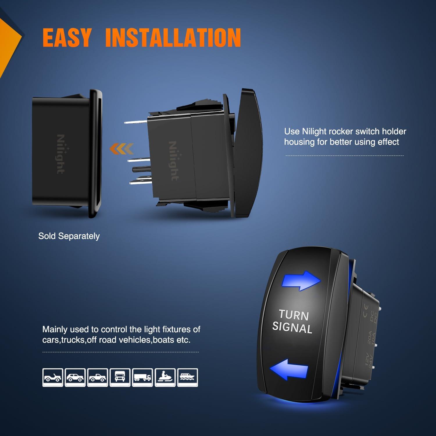 imageNilight Turn Signal Switch Blue 4Pin ONOffON Laser Etched SPDT Toggle Rocker Switches 12V 20A 24V 10A Jumper Wires for Cars RVs Campers TrailersBlue Turn Signal wFlasher
