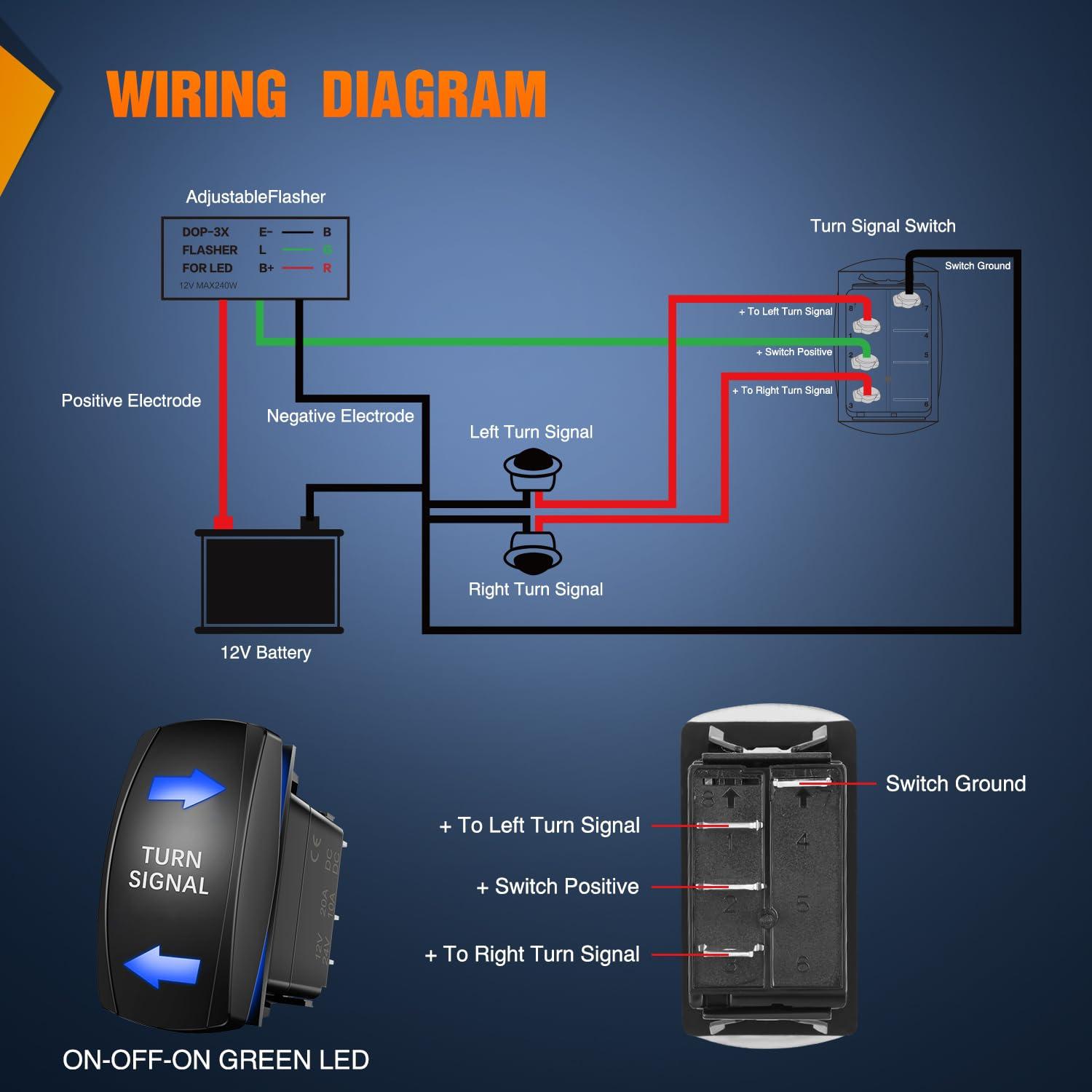 imageNilight Turn Signal Switch Blue 4Pin ONOffON Laser Etched SPDT Toggle Rocker Switches 12V 20A 24V 10A Jumper Wires for Cars RVs Campers TrailersBlue Turn Signal wFlasher