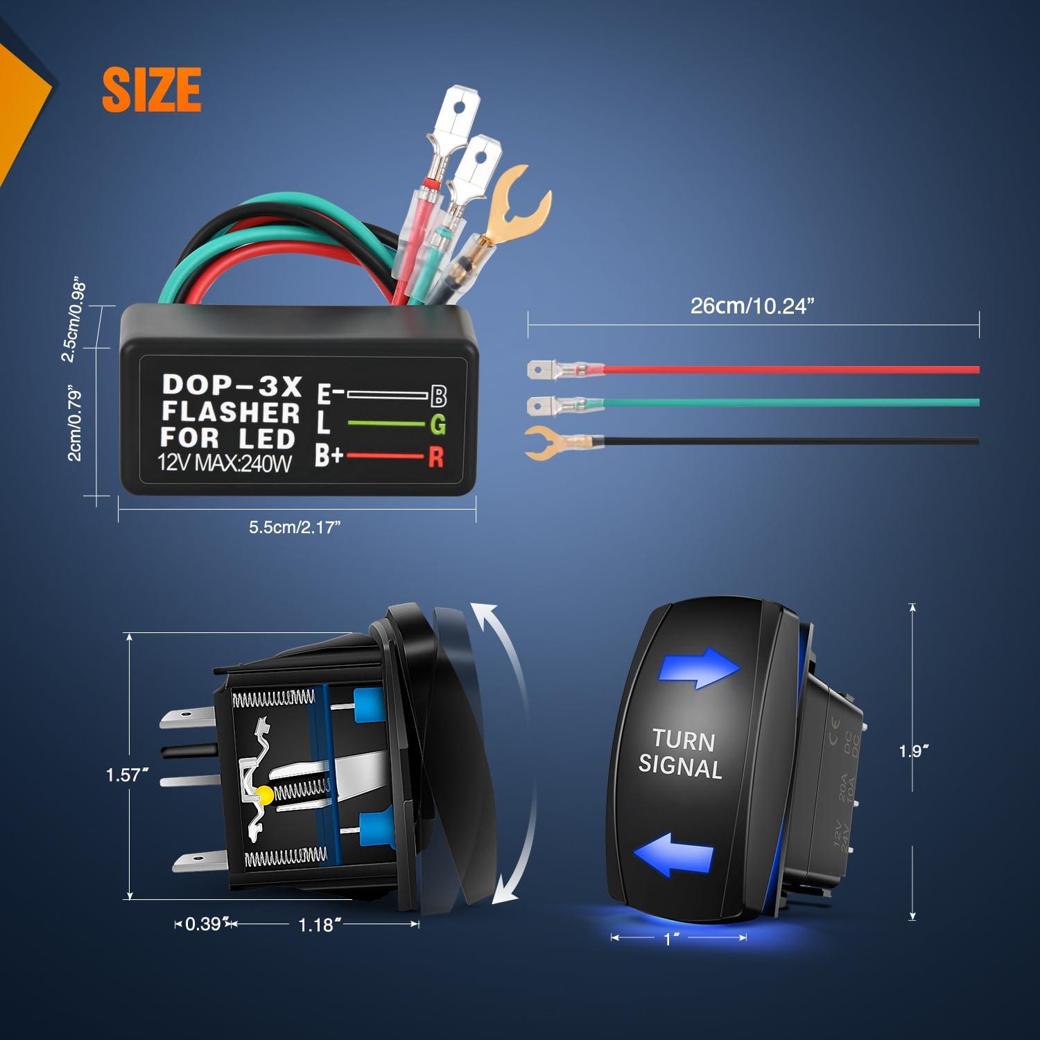 imageNilight Turn Signal Switch Blue 4Pin ONOffON Laser Etched SPDT Toggle Rocker Switches 12V 20A 24V 10A Jumper Wires for Cars RVs Campers TrailersBlue Turn Signal wFlasher