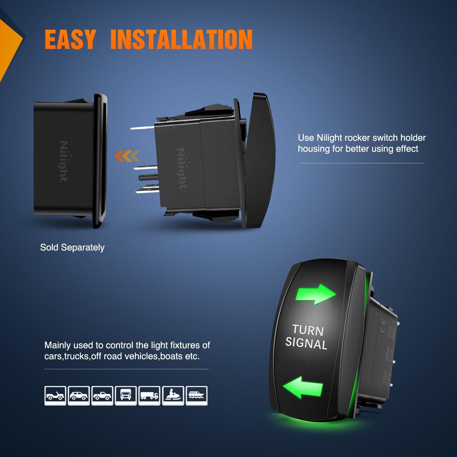 imageNilight Turn Signal Switch Blue 4Pin ONOffON Laser Etched SPDT Toggle Rocker Switches 12V 20A 24V 10A Jumper Wires for Cars RVs Campers TrailersGreen Turn Signal wFlasher