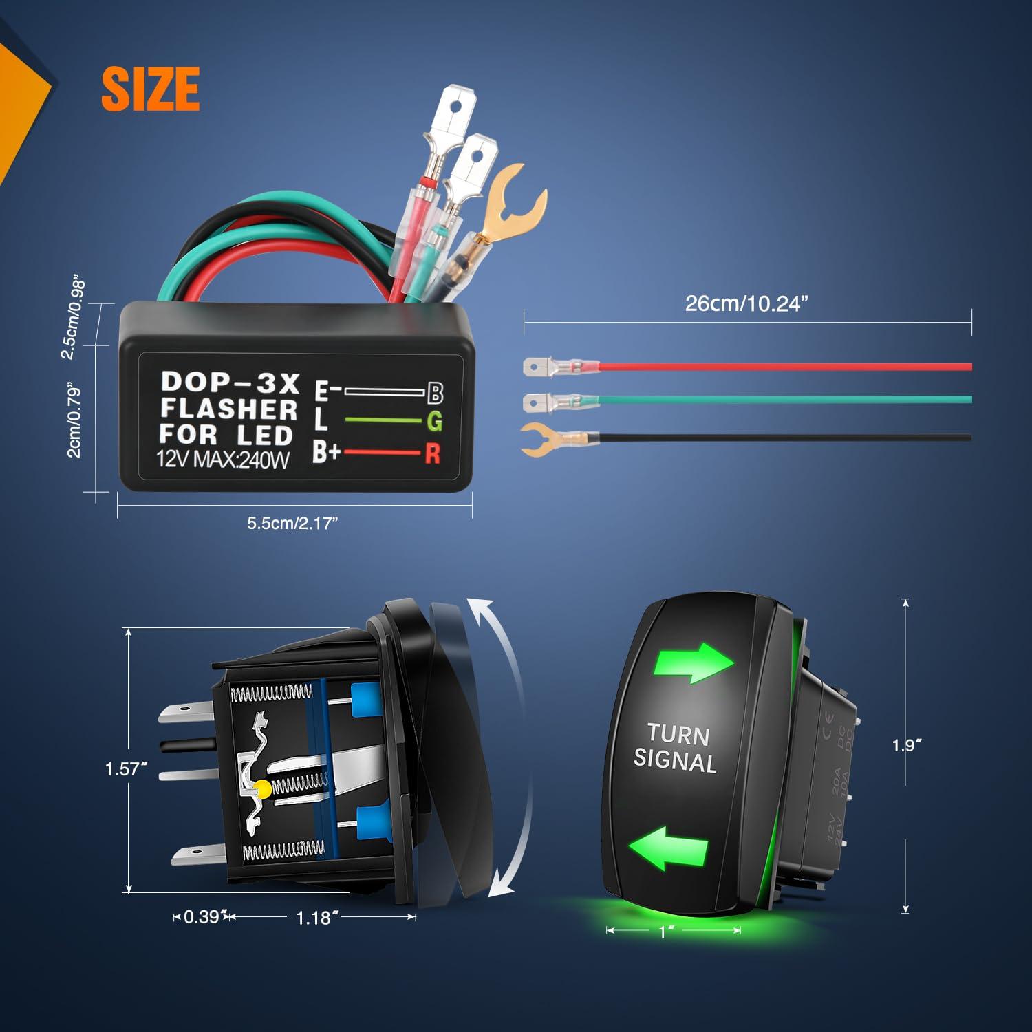 imageNilight Turn Signal Switch Blue 4Pin ONOffON Laser Etched SPDT Toggle Rocker Switches 12V 20A 24V 10A Jumper Wires for Cars RVs Campers TrailersGreen Turn Signal wFlasher