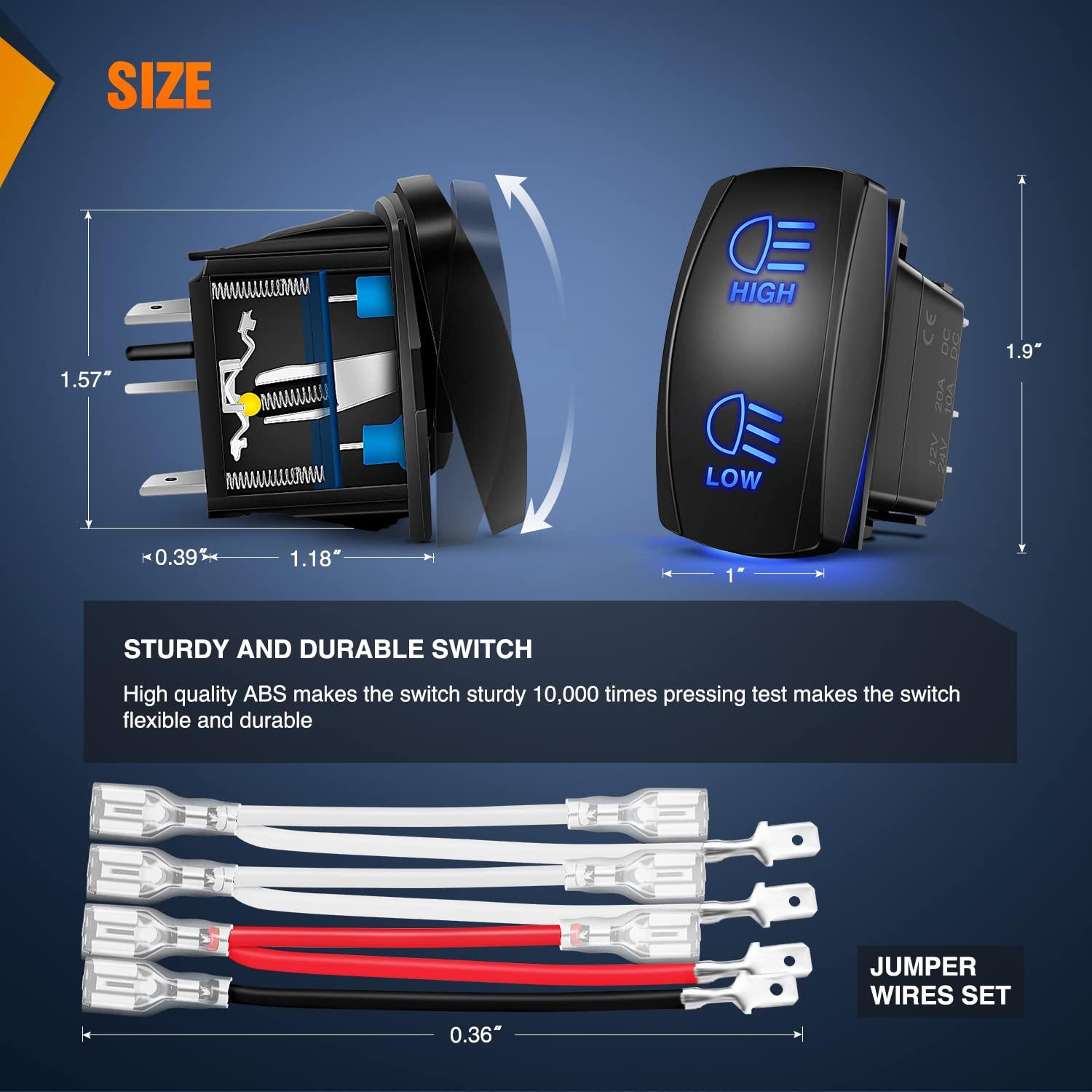 imageNilight Turn Signal Switch Blue 4Pin ONOffON Laser Etched SPDT Toggle Rocker Switches 12V 20A 24V 10A Jumper Wires for Cars RVs Campers TrailersHIGHLOW