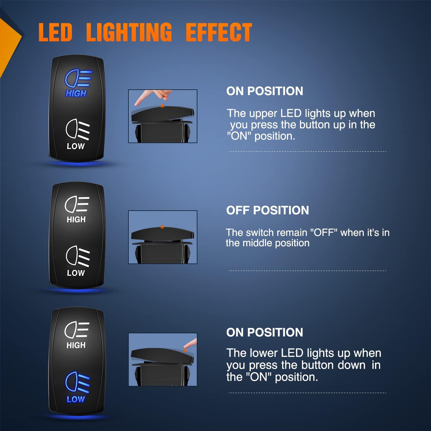 imageNilight Turn Signal Switch Blue 4Pin ONOffON Laser Etched SPDT Toggle Rocker Switches 12V 20A 24V 10A Jumper Wires for Cars RVs Campers TrailersHIGHLOW