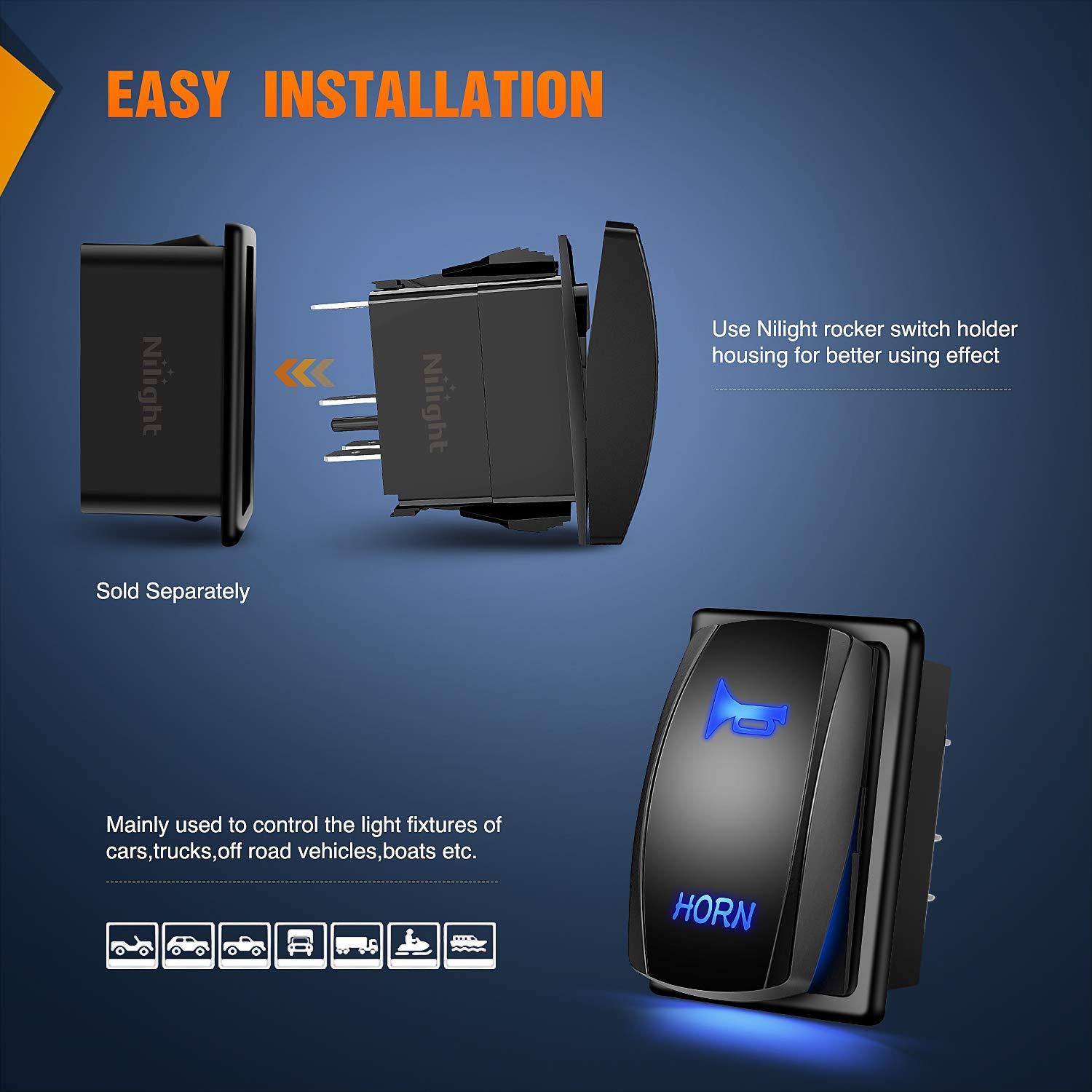 imageNilight Turn Signal Switch Blue 4Pin ONOffON Laser Etched SPDT Toggle Rocker Switches 12V 20A 24V 10A Jumper Wires for Cars RVs Campers TrailersHORN