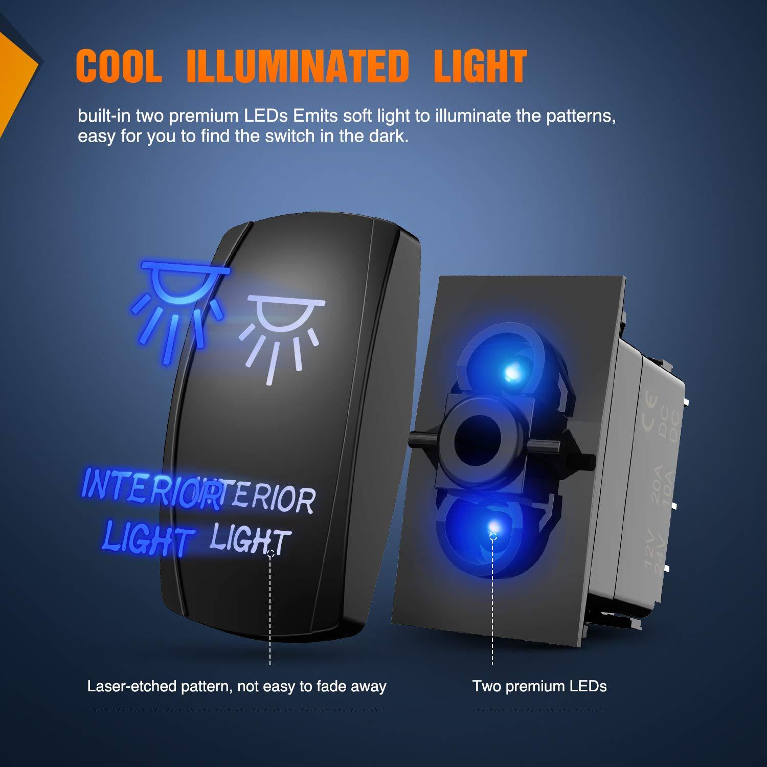 imageNilight Turn Signal Switch Blue 4Pin ONOffON Laser Etched SPDT Toggle Rocker Switches 12V 20A 24V 10A Jumper Wires for Cars RVs Campers TrailersINTERIOR LIGHT