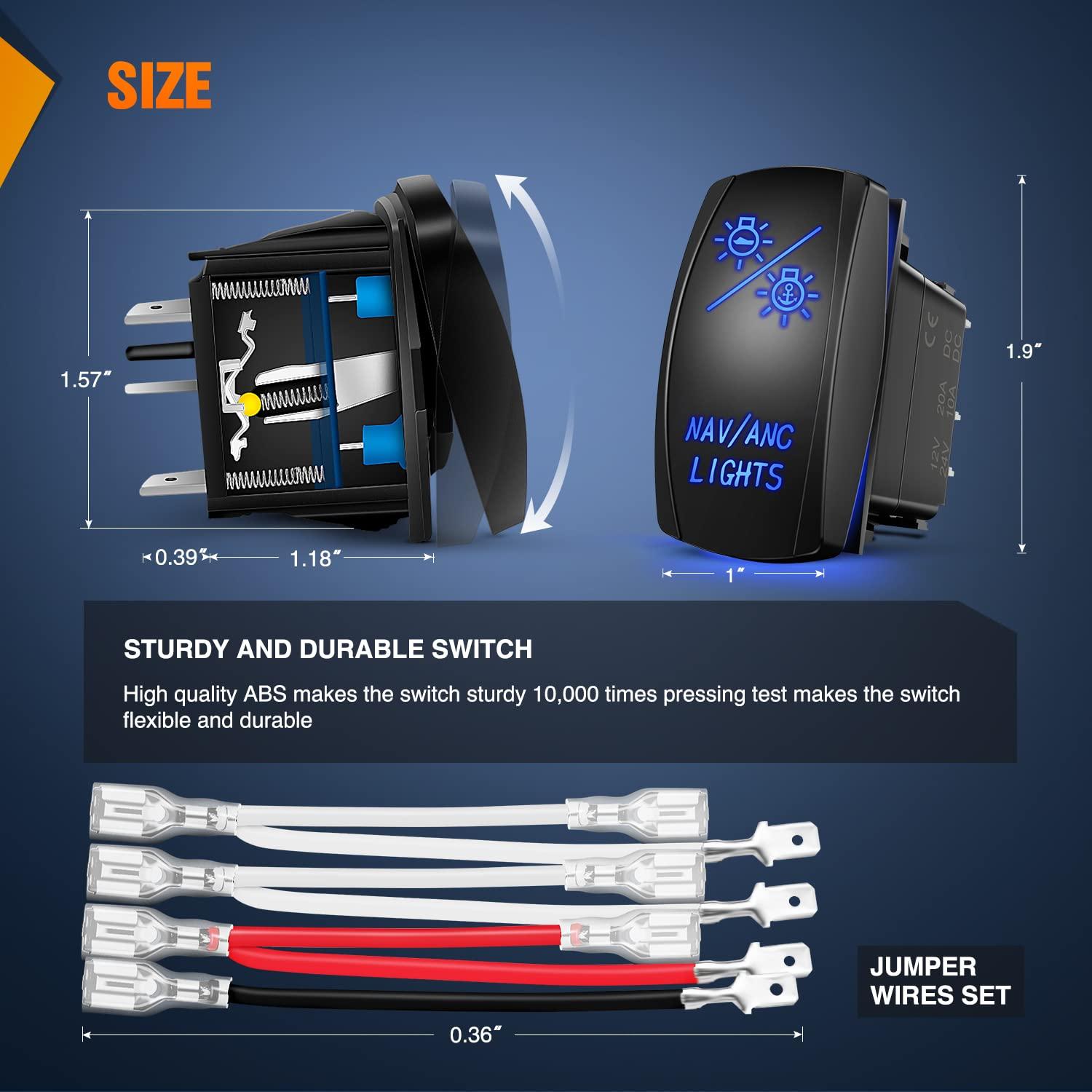 imageNilight Turn Signal Switch Blue 4Pin ONOffON Laser Etched SPDT Toggle Rocker Switches 12V 20A 24V 10A Jumper Wires for Cars RVs Campers TrailersNAVANC LIGHTS