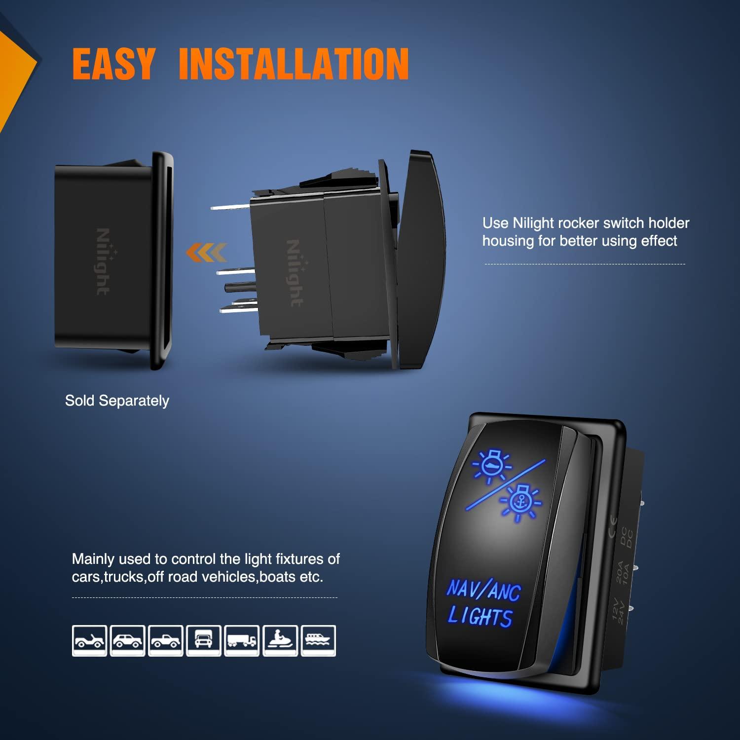 imageNilight Turn Signal Switch Blue 4Pin ONOffON Laser Etched SPDT Toggle Rocker Switches 12V 20A 24V 10A Jumper Wires for Cars RVs Campers TrailersNAVANC LIGHTS