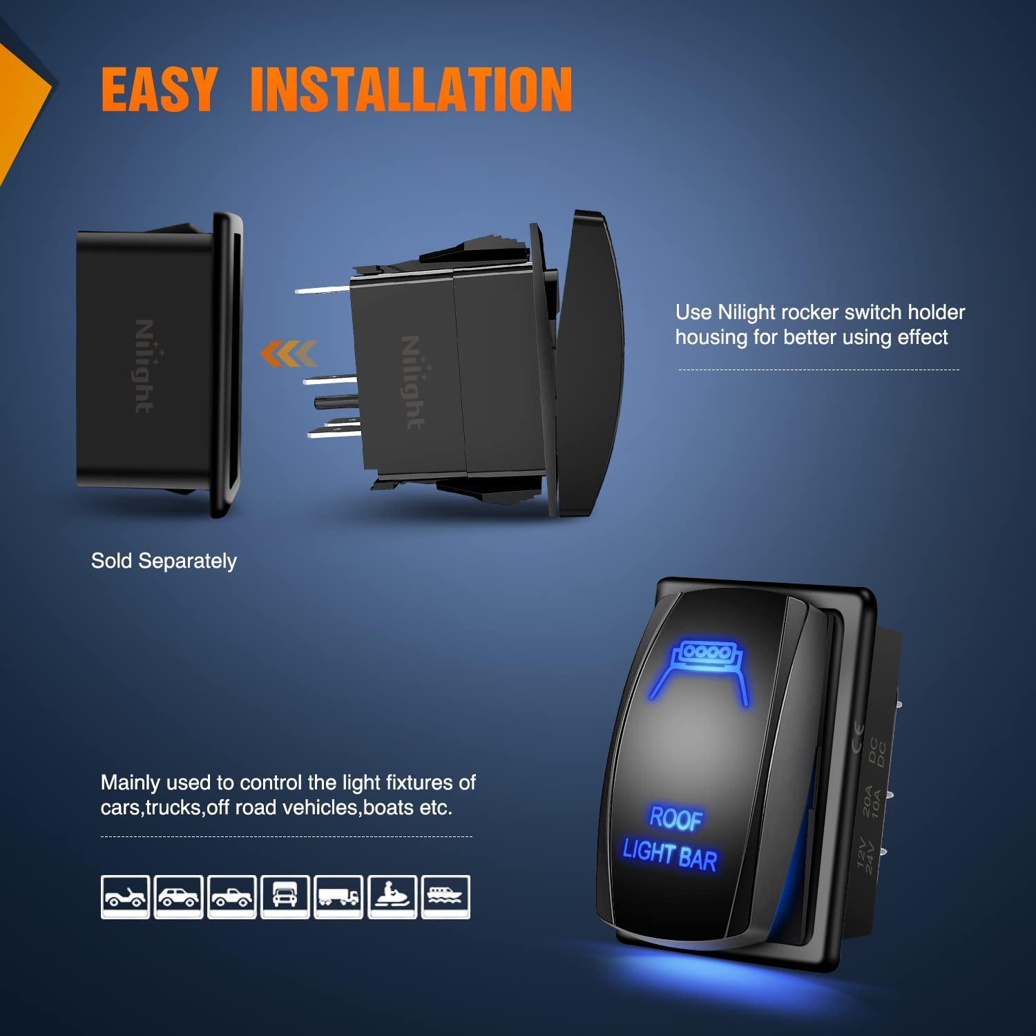 imageNilight Turn Signal Switch Blue 4Pin ONOffON Laser Etched SPDT Toggle Rocker Switches 12V 20A 24V 10A Jumper Wires for Cars RVs Campers TrailersROOF LIGHT BAR