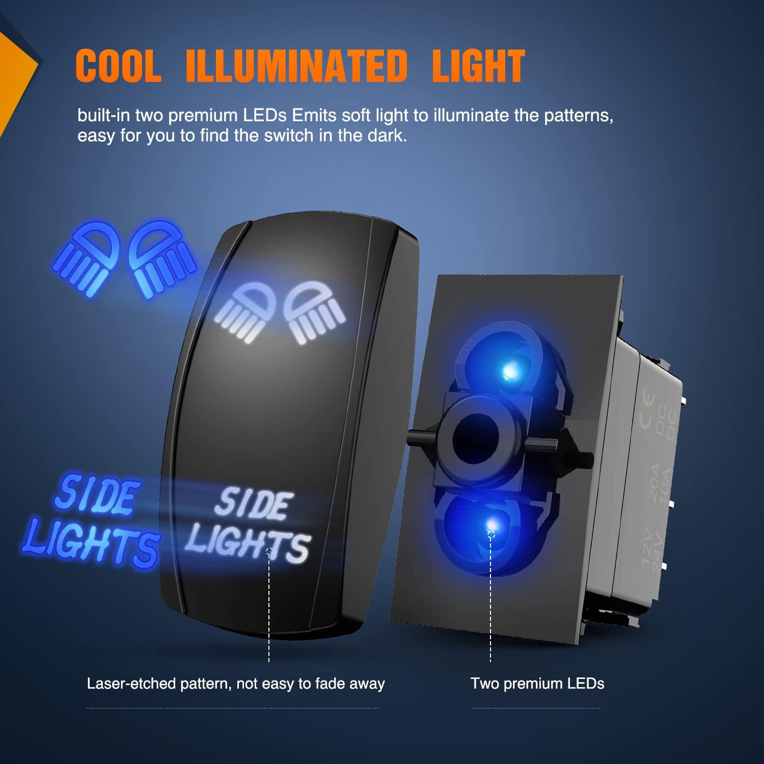 imageNilight Turn Signal Switch Blue 4Pin ONOffON Laser Etched SPDT Toggle Rocker Switches 12V 20A 24V 10A Jumper Wires for Cars RVs Campers TrailersSIDE LIGHTS