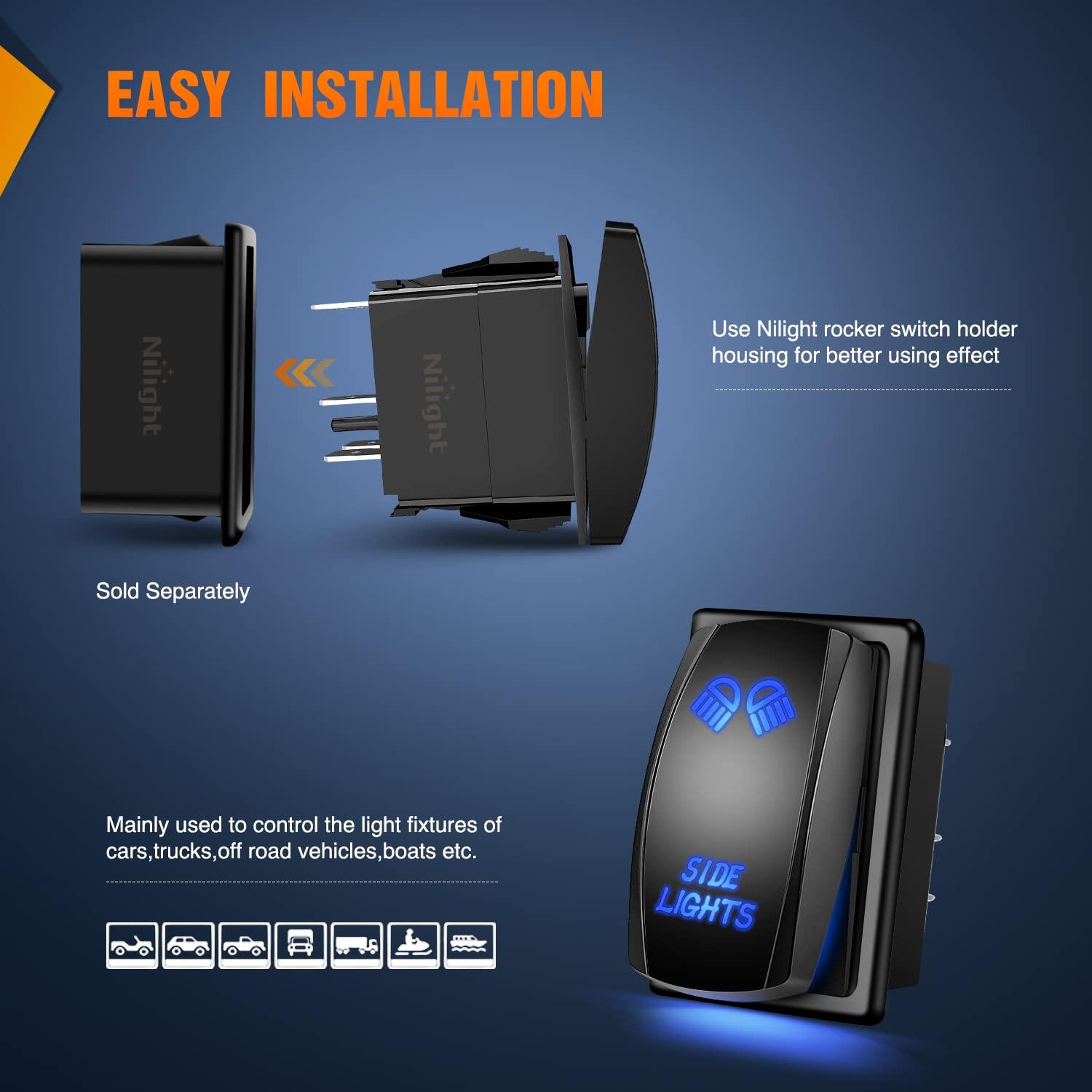 imageNilight Turn Signal Switch Blue 4Pin ONOffON Laser Etched SPDT Toggle Rocker Switches 12V 20A 24V 10A Jumper Wires for Cars RVs Campers TrailersSIDE LIGHTS