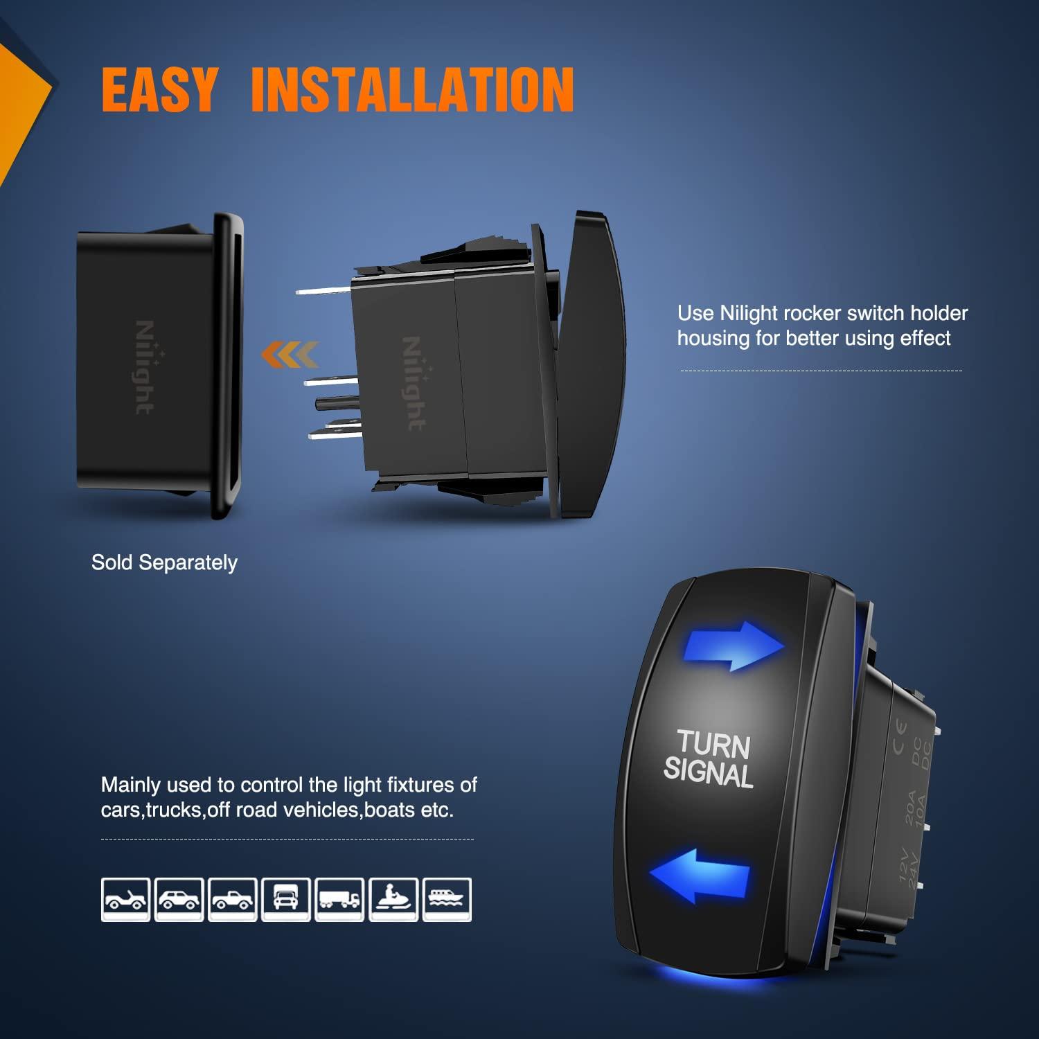 imageNilight Turn Signal Switch Blue 4Pin ONOffON Laser Etched SPDT Toggle Rocker Switches 12V 20A 24V 10A Jumper Wires for Cars RVs Campers TrailersTURN SIGNAL
