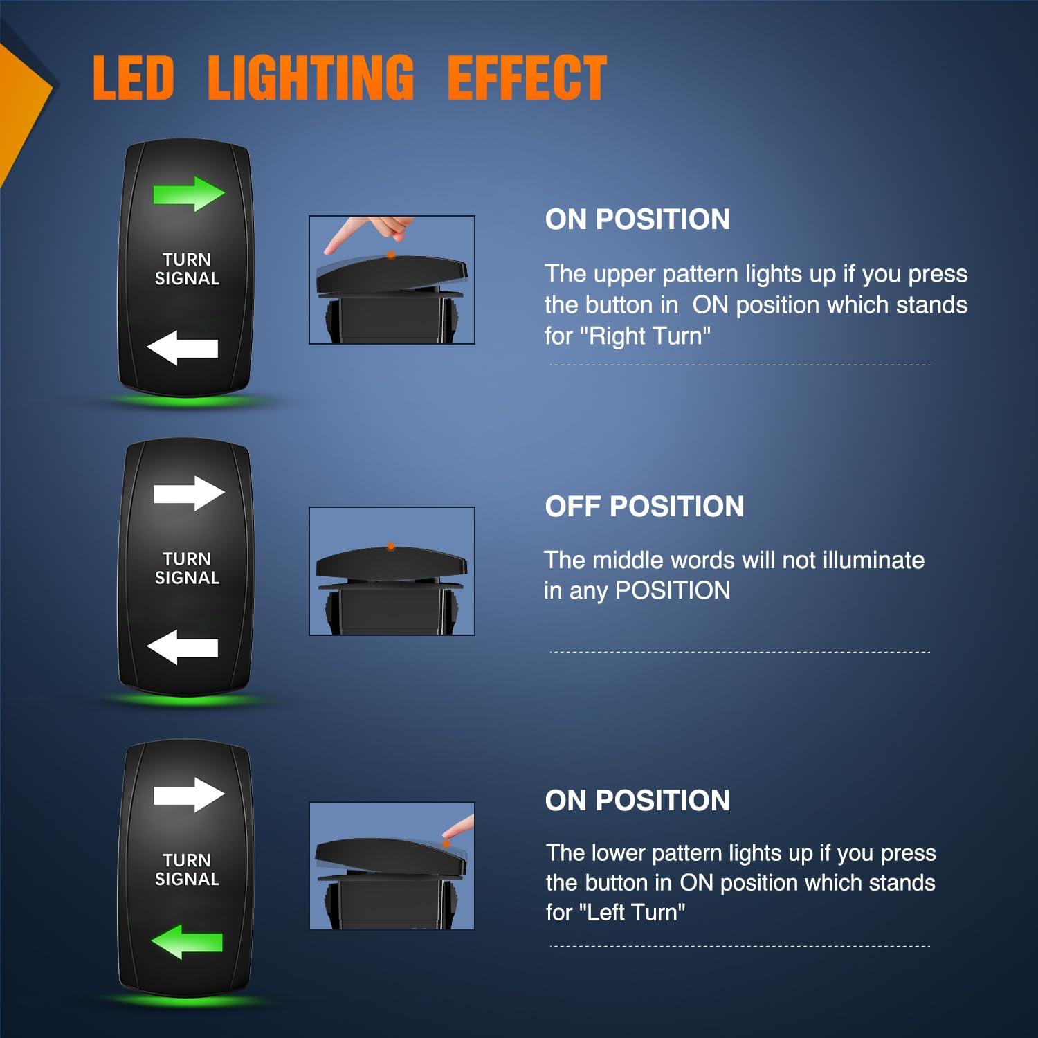 imageNilight Turn Signal Switch Blue 4Pin ONOffON Laser Etched SPDT Toggle Rocker Switches 12V 20A 24V 10A Jumper Wires for Cars RVs Campers TrailersTURN SIGNAL GREEN