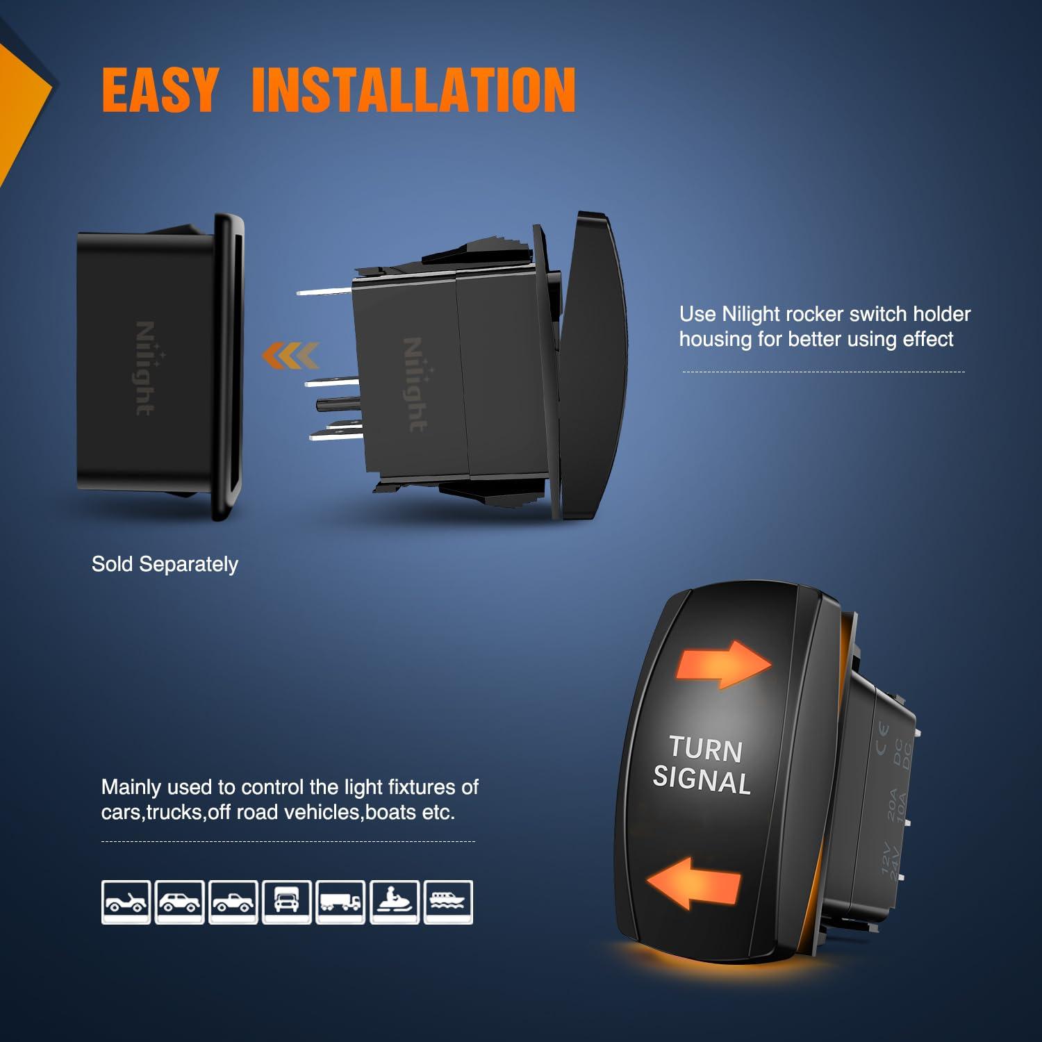 imageNilight Turn Signal Switch Blue 4Pin ONOffON Laser Etched SPDT Toggle Rocker Switches 12V 20A 24V 10A Jumper Wires for Cars RVs Campers TrailersTURN SIGNAL AMBER