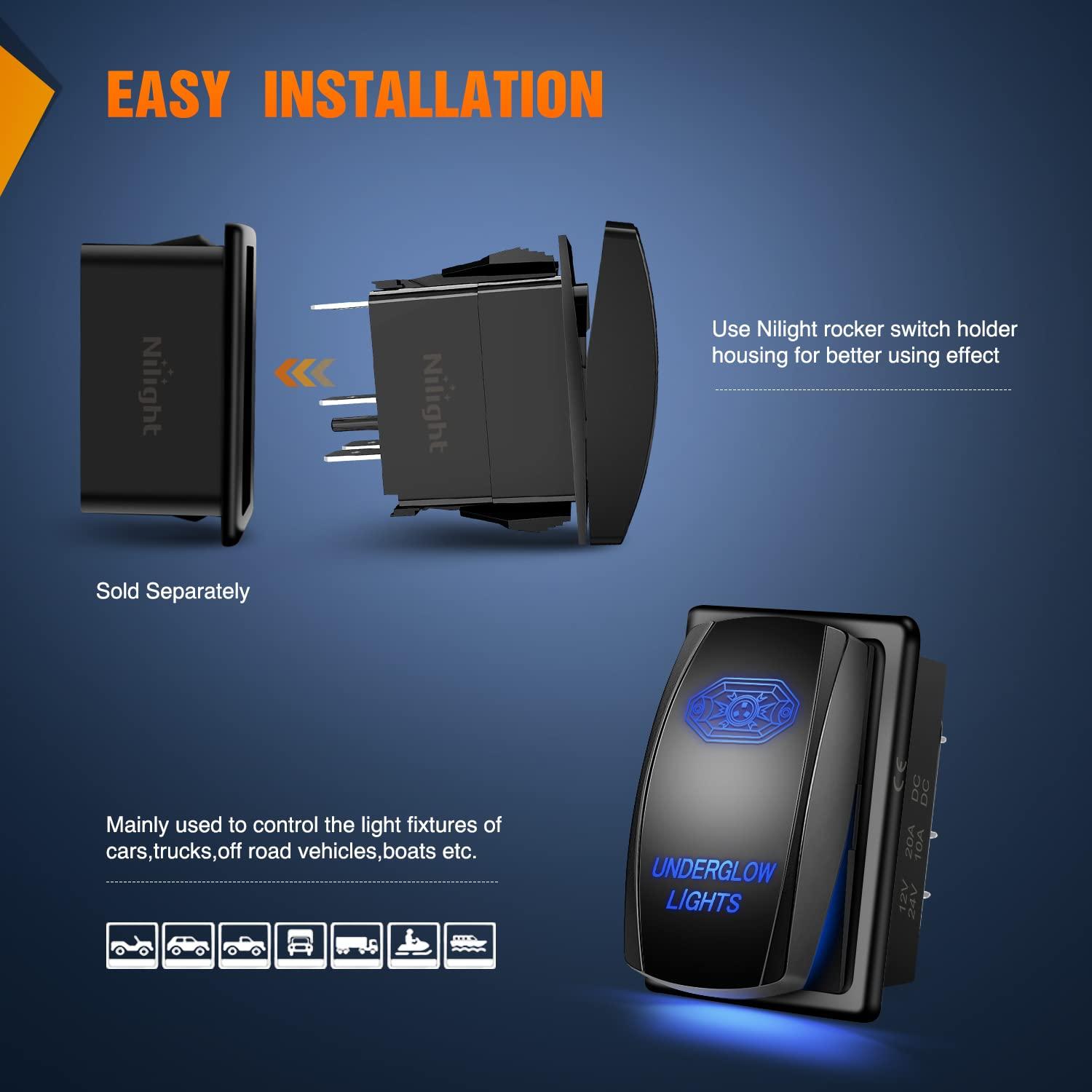 imageNilight Turn Signal Switch Blue 4Pin ONOffON Laser Etched SPDT Toggle Rocker Switches 12V 20A 24V 10A Jumper Wires for Cars RVs Campers TrailersUNDERGLOW LIGHTS
