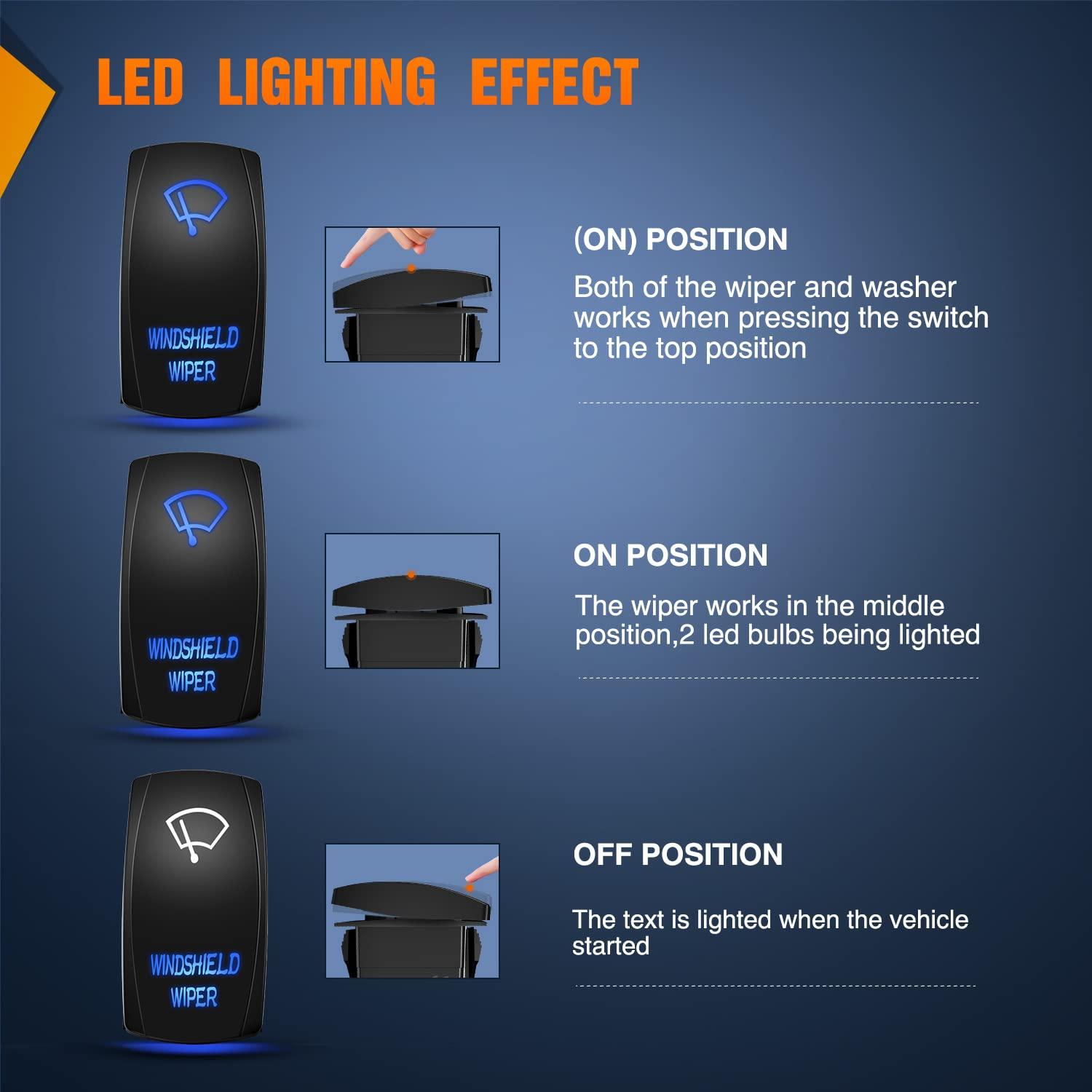 imageNilight Turn Signal Switch Blue 4Pin ONOffON Laser Etched SPDT Toggle Rocker Switches 12V 20A 24V 10A Jumper Wires for Cars RVs Campers TrailersWINDSHIELD WIPER