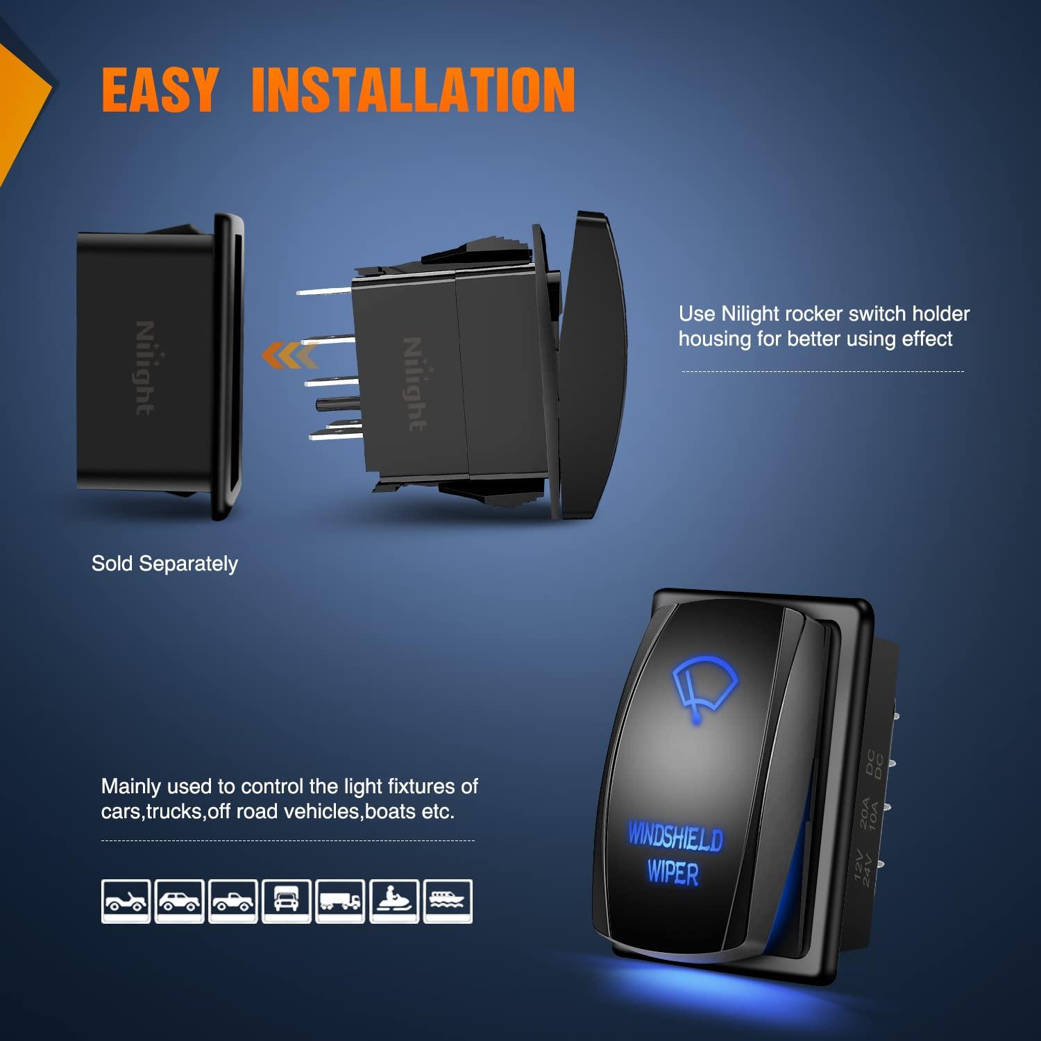 imageNilight Turn Signal Switch Blue 4Pin ONOffON Laser Etched SPDT Toggle Rocker Switches 12V 20A 24V 10A Jumper Wires for Cars RVs Campers TrailersWINDSHIELD WIPER