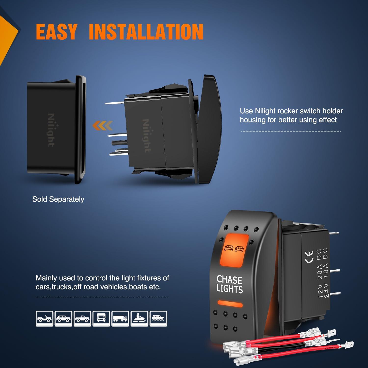 imageNilight UTV Backup Lights Rocker Switch On Off 5 PIN SPST LED Light Bar Switches with Orange Backlit 12V 24V Toggle with Jumper Wires Set for ATVs UTVs Cars Trucks RVsChase Lights