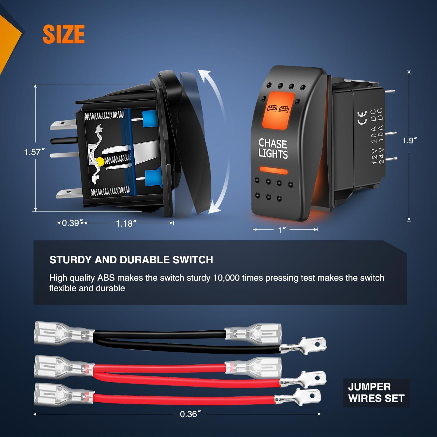 imageNilight UTV Backup Lights Rocker Switch On Off 5 PIN SPST LED Light Bar Switches with Orange Backlit 12V 24V Toggle with Jumper Wires Set for ATVs UTVs Cars Trucks RVsChase Lights