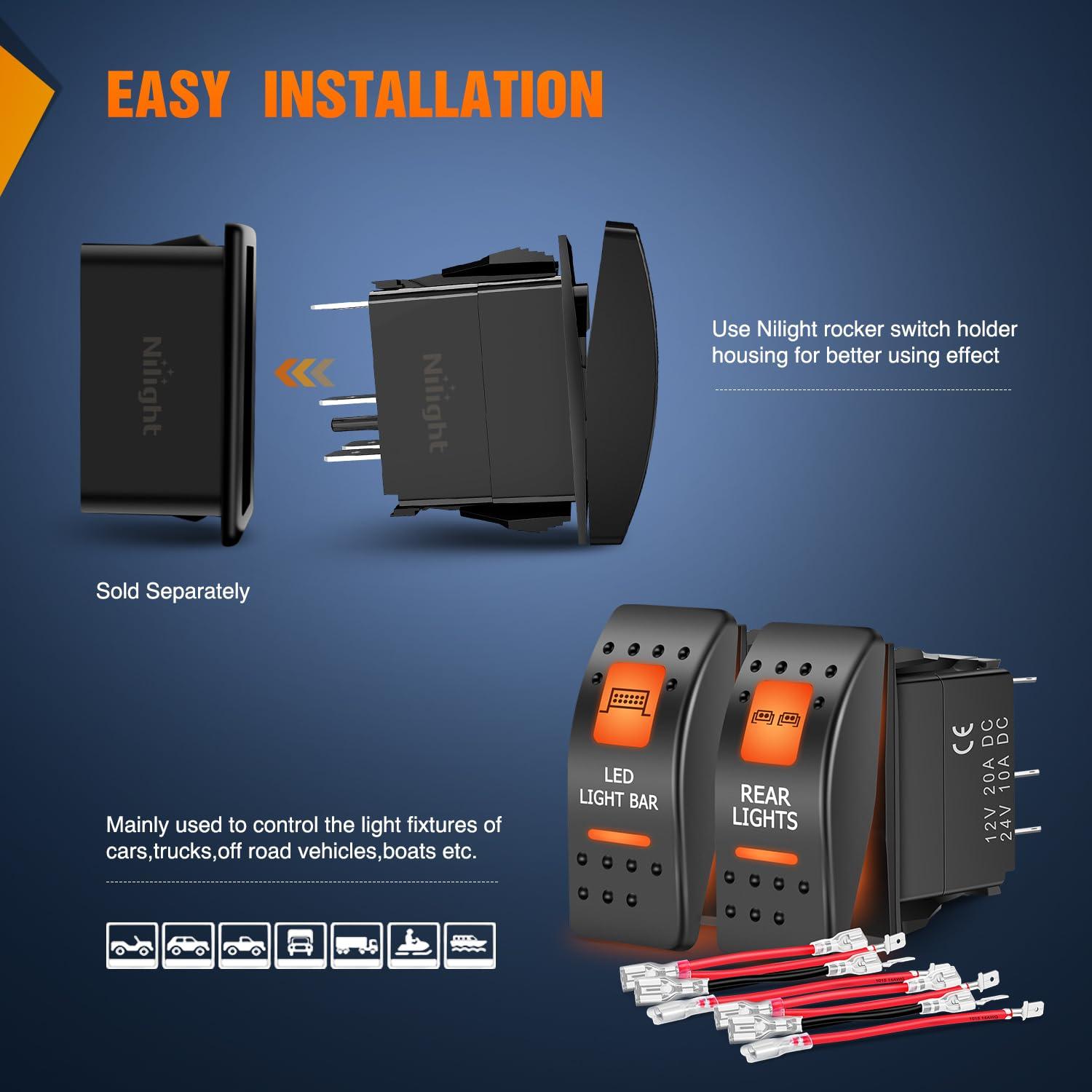 imageNilight UTV Backup Lights Rocker Switch On Off 5 PIN SPST LED Light Bar Switches with Orange Backlit 12V 24V Toggle with Jumper Wires Set for ATVs UTVs Cars Trucks RVsLED LIGHTREAR LIGHT