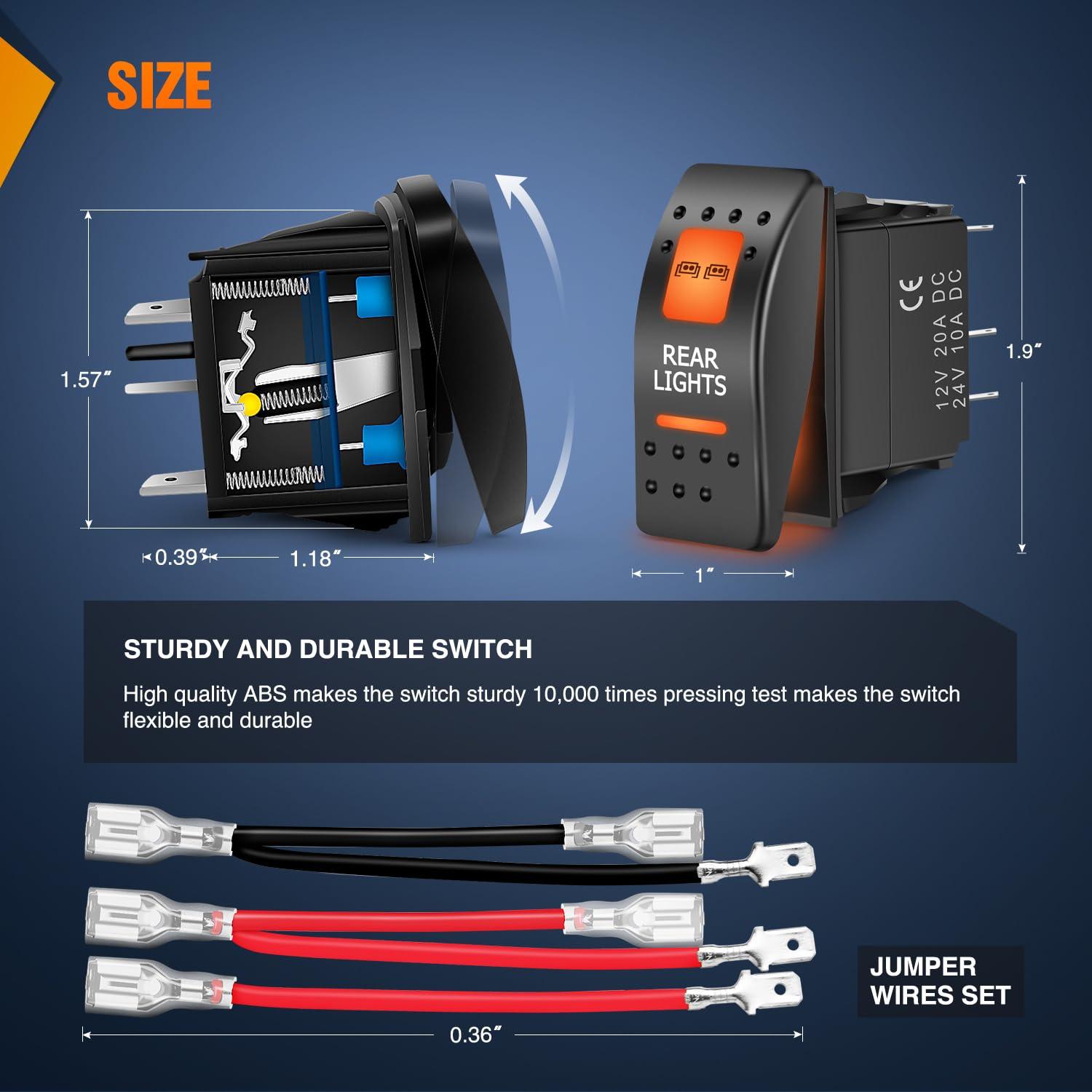 imageNilight UTV Backup Lights Rocker Switch On Off 5 PIN SPST LED Light Bar Switches with Orange Backlit 12V 24V Toggle with Jumper Wires Set for ATVs UTVs Cars Trucks RVsREAR LIGHTS