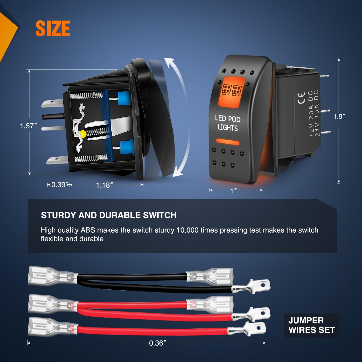 imageNilight UTV Driving Lights Rocker Switch On Off 5 PIN SPST LED Light Bar Switches with Orange Backlit 12V 24V Toggle with Jumper Wires Set for ATVs UTVs Cars Trucks RVsLED POD LIGHTS