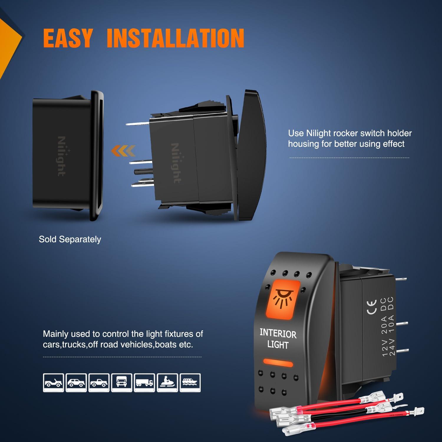 imageNilight UTV Driving Lights Rocker Switch On Off 5 PIN SPST LED Light Bar Switches with Orange Backlit 12V 24V Toggle with Jumper Wires Set for ATVs UTVs Cars Trucks RVsINTERIOR LIGHT