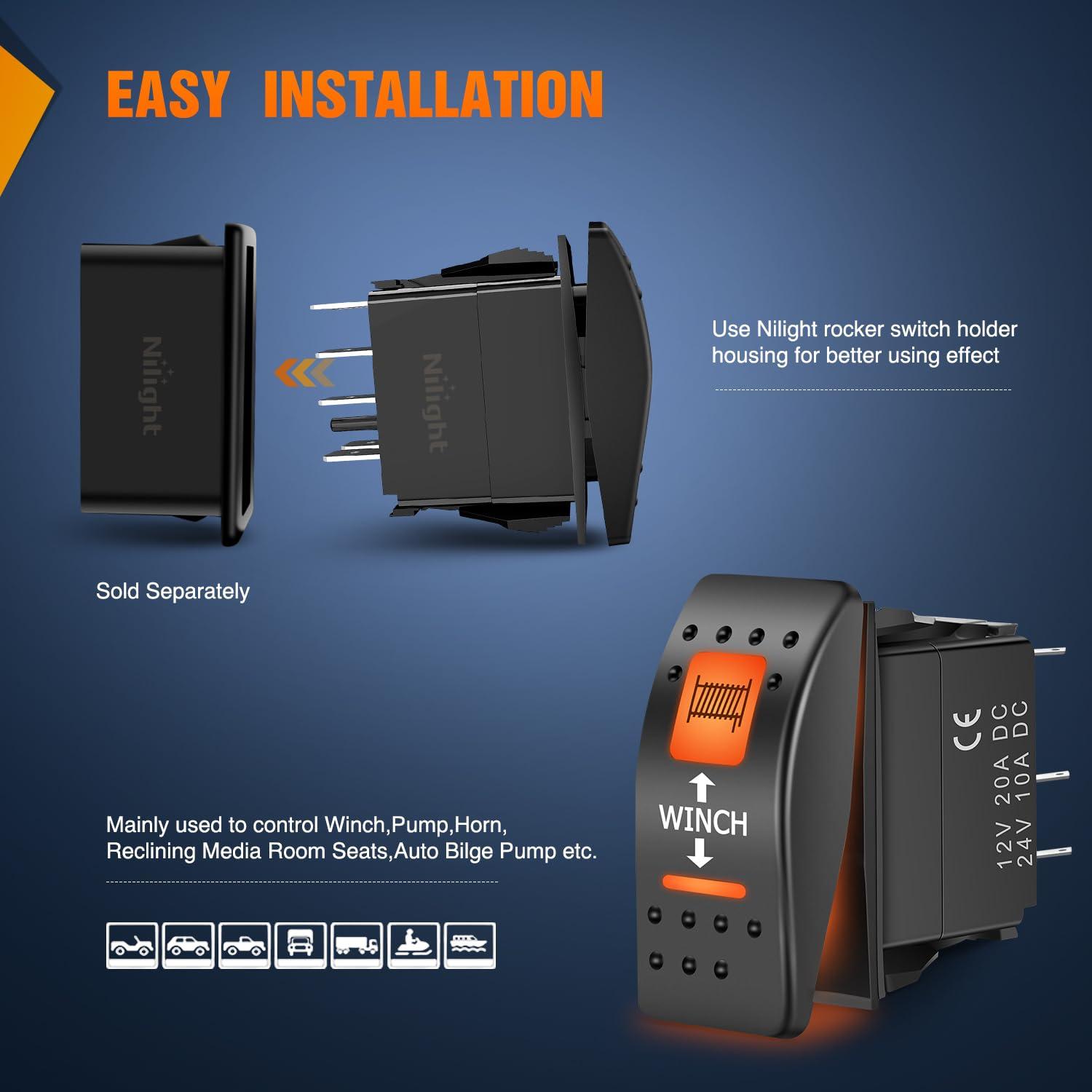 imageNilight UTV Driving Lights Rocker Switch On Off 5 PIN SPST LED Light Bar Switches with Orange Backlit 12V 24V Toggle with Jumper Wires Set for ATVs UTVs Cars Trucks RVsWinch 7PIN