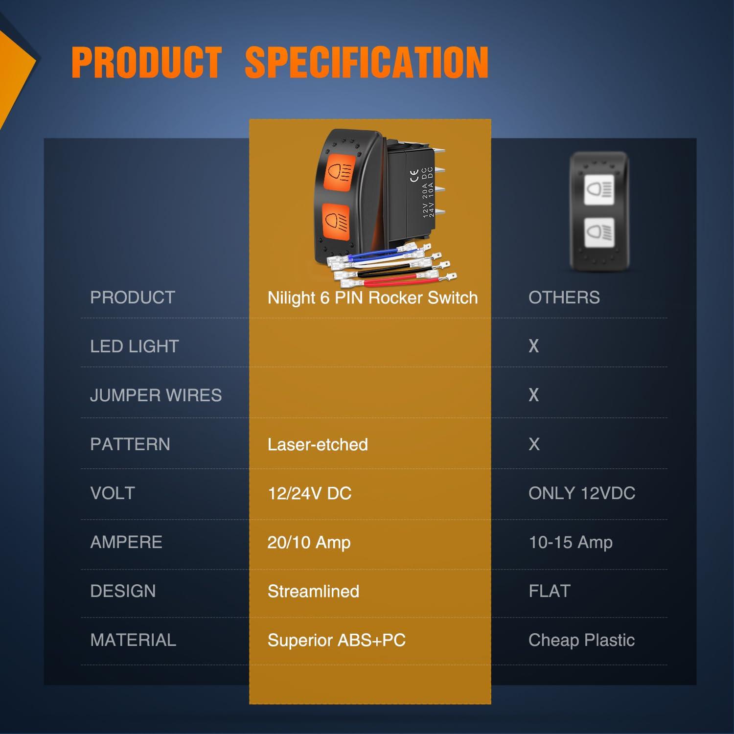 imageNilight UTV Driving Lights Rocker Switch On Off 5 PIN SPST LED Light Bar Switches with Orange Backlit 12V 24V Toggle with Jumper Wires Set for ATVs UTVs Cars Trucks RVsHigh Low Beam 6PIN