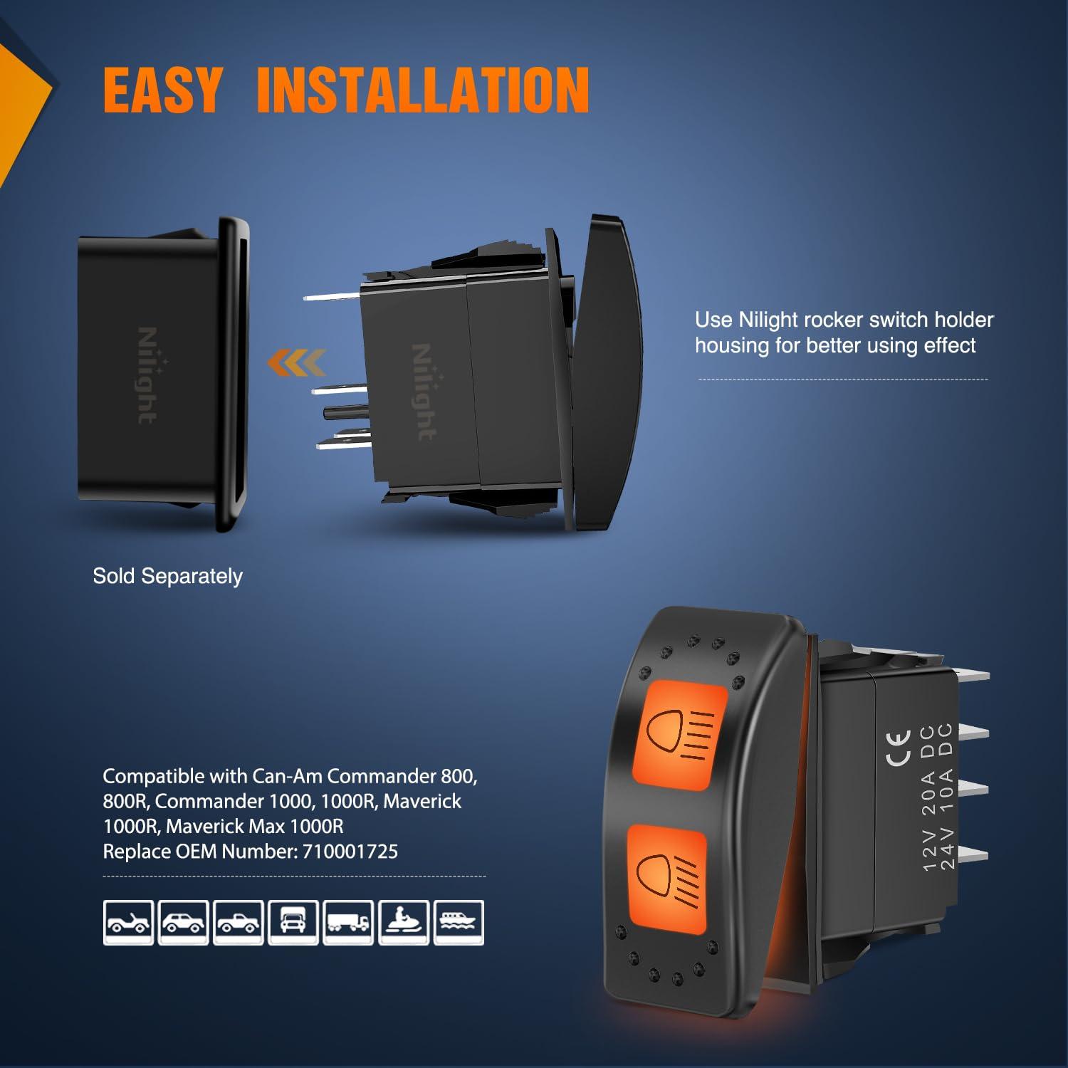 imageNilight UTV Driving Lights Rocker Switch On Off 5 PIN SPST LED Light Bar Switches with Orange Backlit 12V 24V Toggle with Jumper Wires Set for ATVs UTVs Cars Trucks RVsHigh Low Beam 6PIN