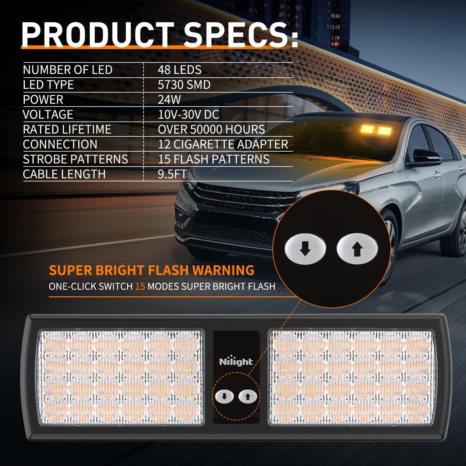 imageNilight White 48LED Visor Strobe Lights Interior Windshield Emergency Warning Light Super Bright for Police Enforcement Firefighters Vehicle TrucksAmber