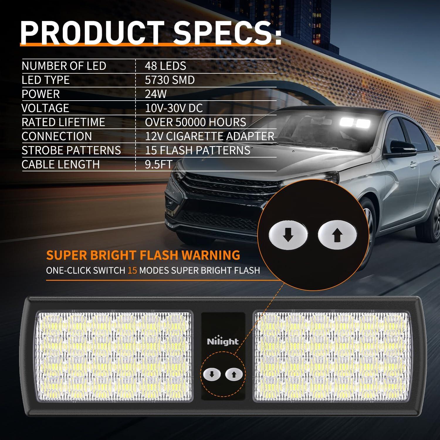 imageNilight White 48LED Visor Strobe Lights Interior Windshield Emergency Warning Light Super Bright for Police Enforcement Firefighters Vehicle TrucksWhite